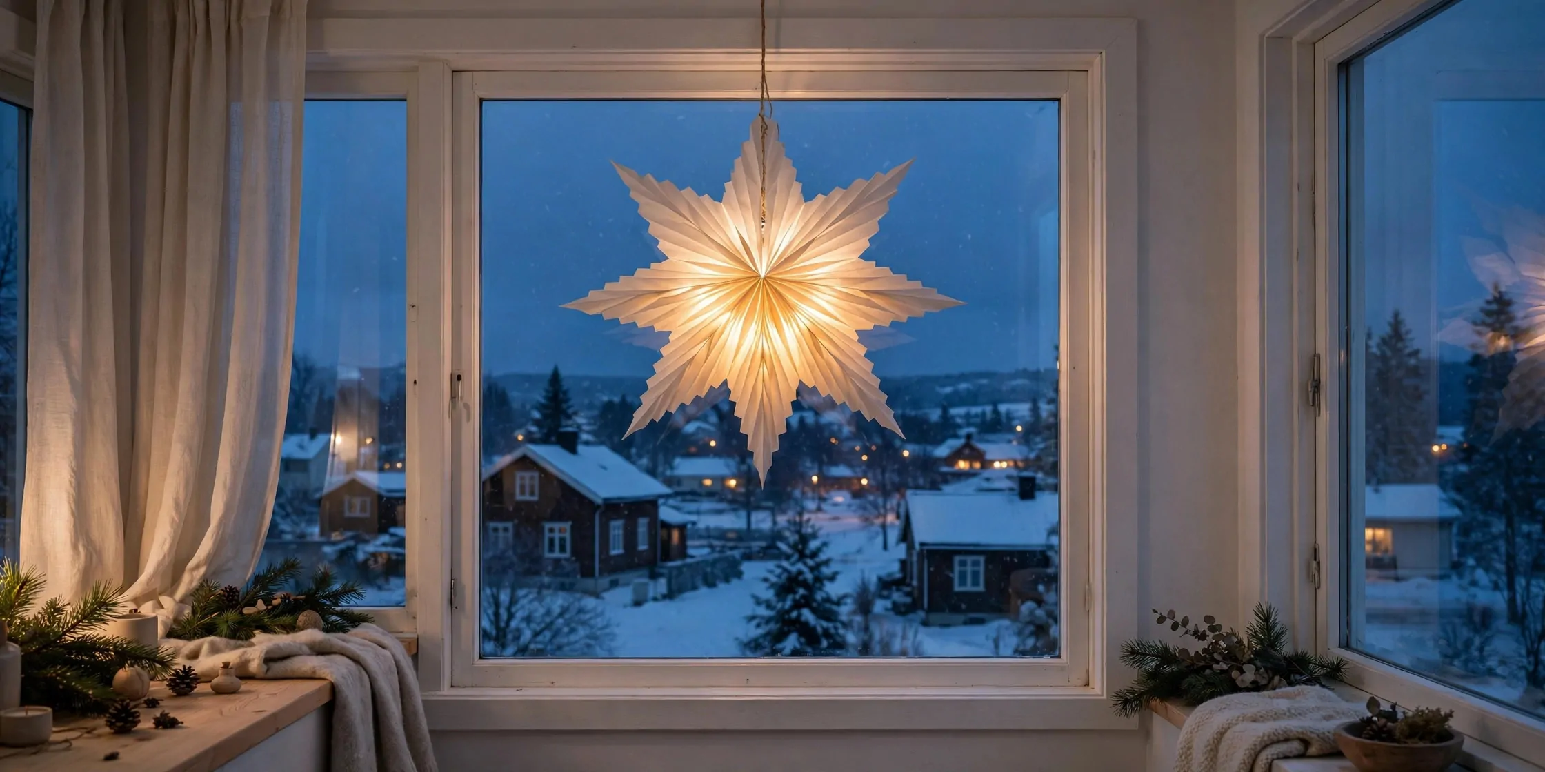 22 Scandinavian Christmas Decor Ideas (Cozy Nordic Style) 3 Glowing pleated white paper star lantern hanging in a Scandinavian home window at dusk