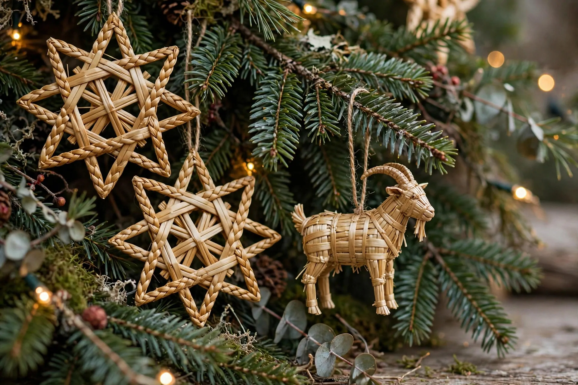 22 Scandinavian Christmas Decor Ideas (Cozy Nordic Style) 4 Traditional Scandinavian straw Christmas ornaments, woven stars and a straw goat, hanging on fir branches