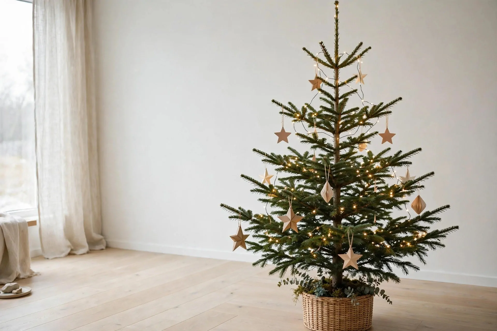 22 Scandinavian Christmas Decor Ideas (Cozy Nordic Style) 5 Minimalist Scandinavian Christmas tree with sparse white and wooden ornaments and warm string lights