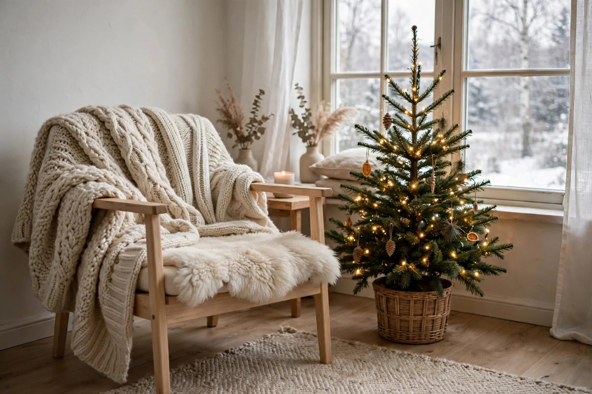 22 Scandinavian Christmas Decor Ideas (Cozy Nordic Style) 6 Chunky cream knit throws and a sheepskin draped over a light wood armchair beside a small Christmas tree