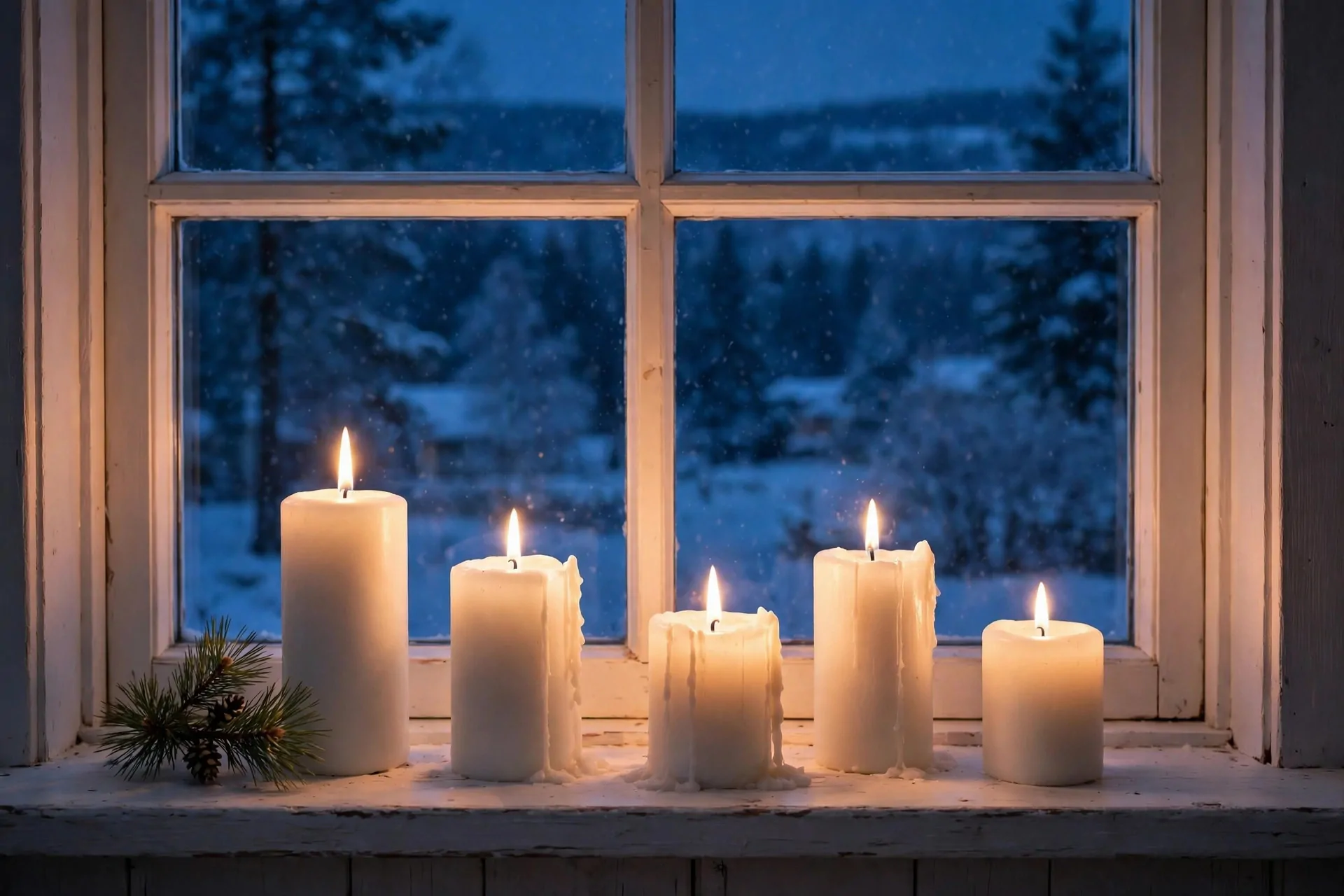 22 Scandinavian Christmas Decor Ideas (Cozy Nordic Style) 7 Row of lit white pillar candles of different heights on a Scandinavian windowsill at dusk