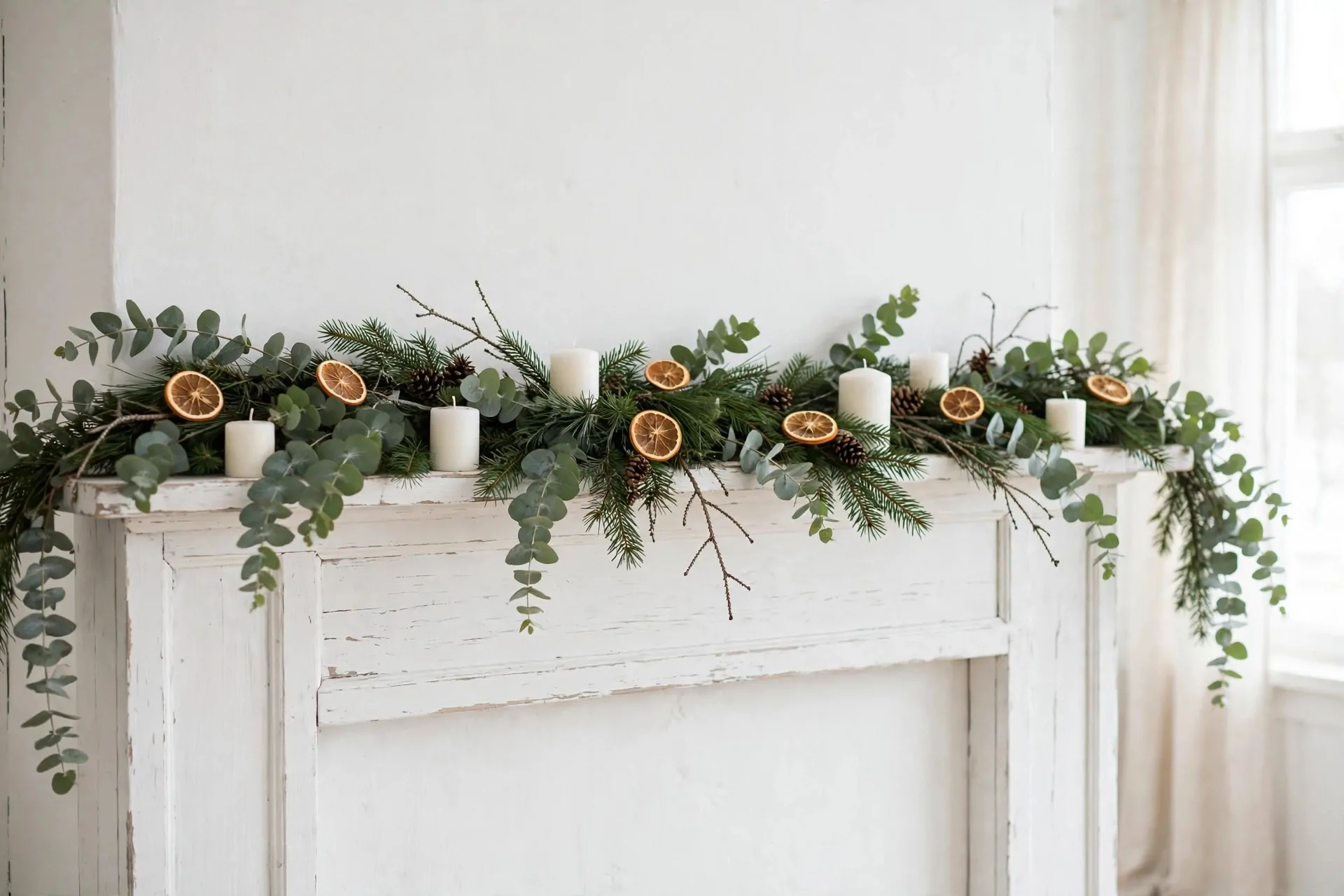 22 Scandinavian Christmas Decor Ideas (Cozy Nordic Style) 8 Loose natural garland of eucalyptus and pine with dried orange slices draped over a white mantel