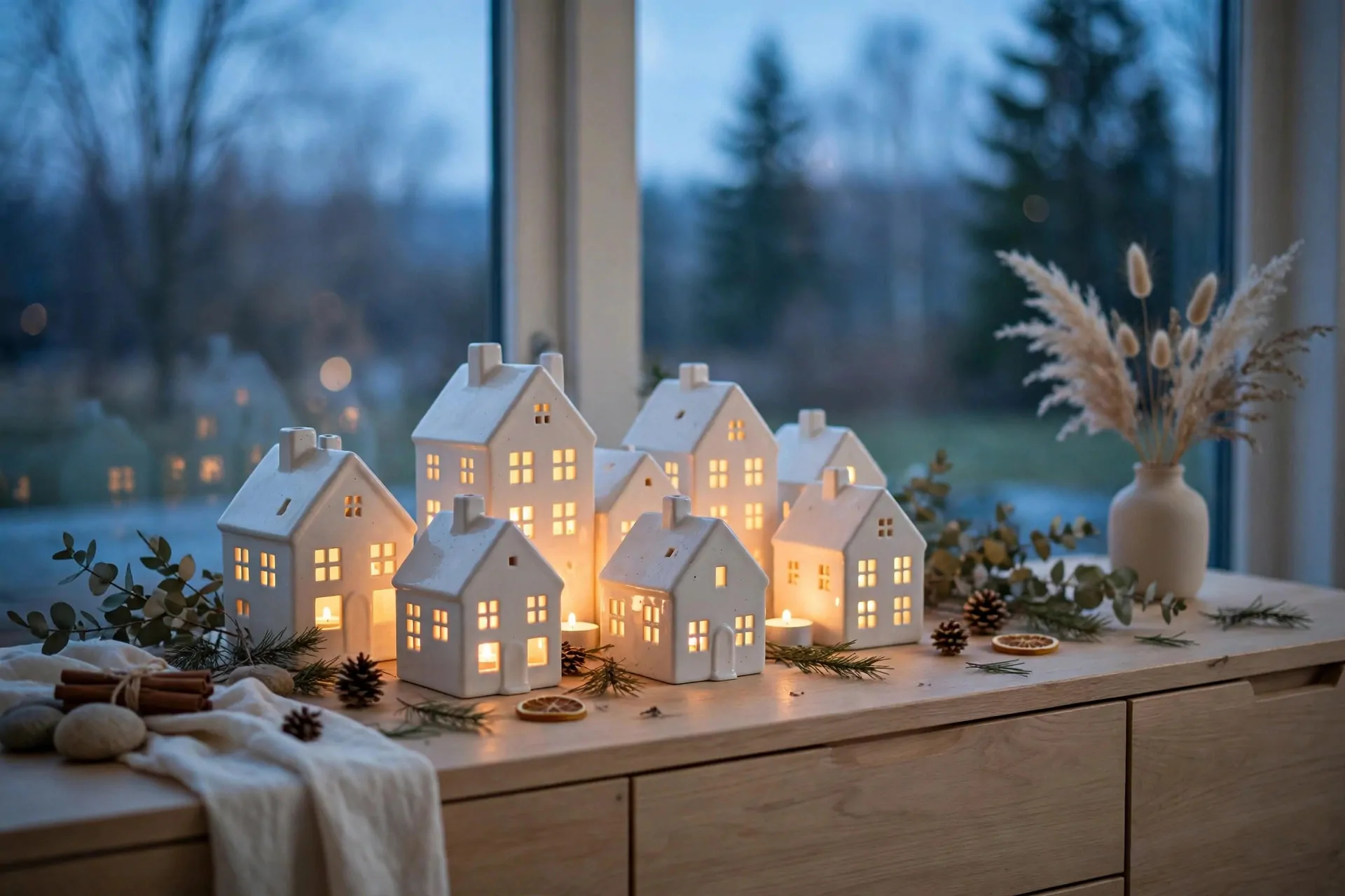 22 Scandinavian Christmas Decor Ideas (Cozy Nordic Style) 9 Small white ceramic Christmas houses with glowing windows grouped on a wooden sideboard at dusk
