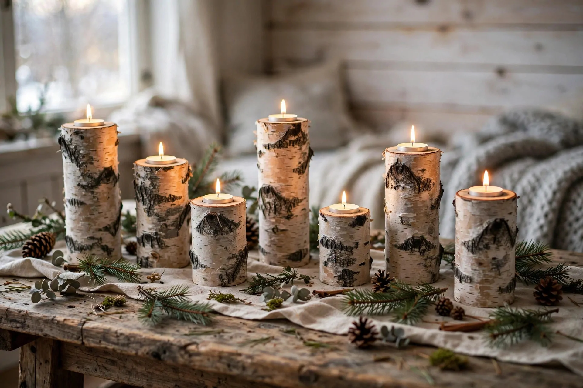 22 Scandinavian Christmas Decor Ideas (Cozy Nordic Style) 10 Birch log candle holders with lit tea lights and pine sprigs on a rustic wooden table