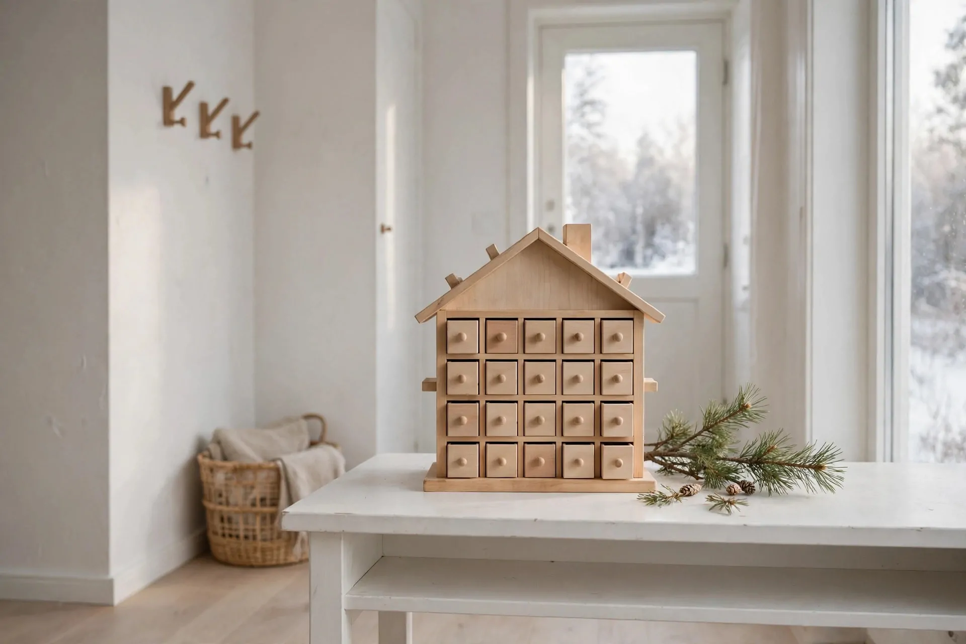 22 Scandinavian Christmas Decor Ideas (Cozy Nordic Style) 11 Simple wooden Advent calendar shaped like a little house on a white console in a Scandinavian entryway