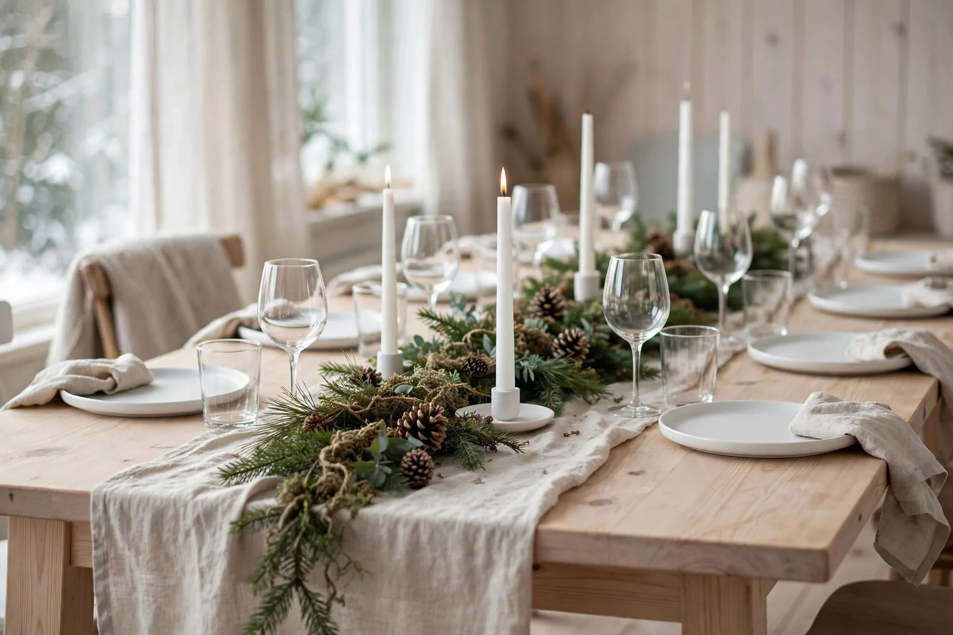 22 Scandinavian Christmas Decor Ideas (Cozy Nordic Style) 12 Scandinavian Christmas dining table with natural linen runner, fresh pine greenery, white tapers and white plates