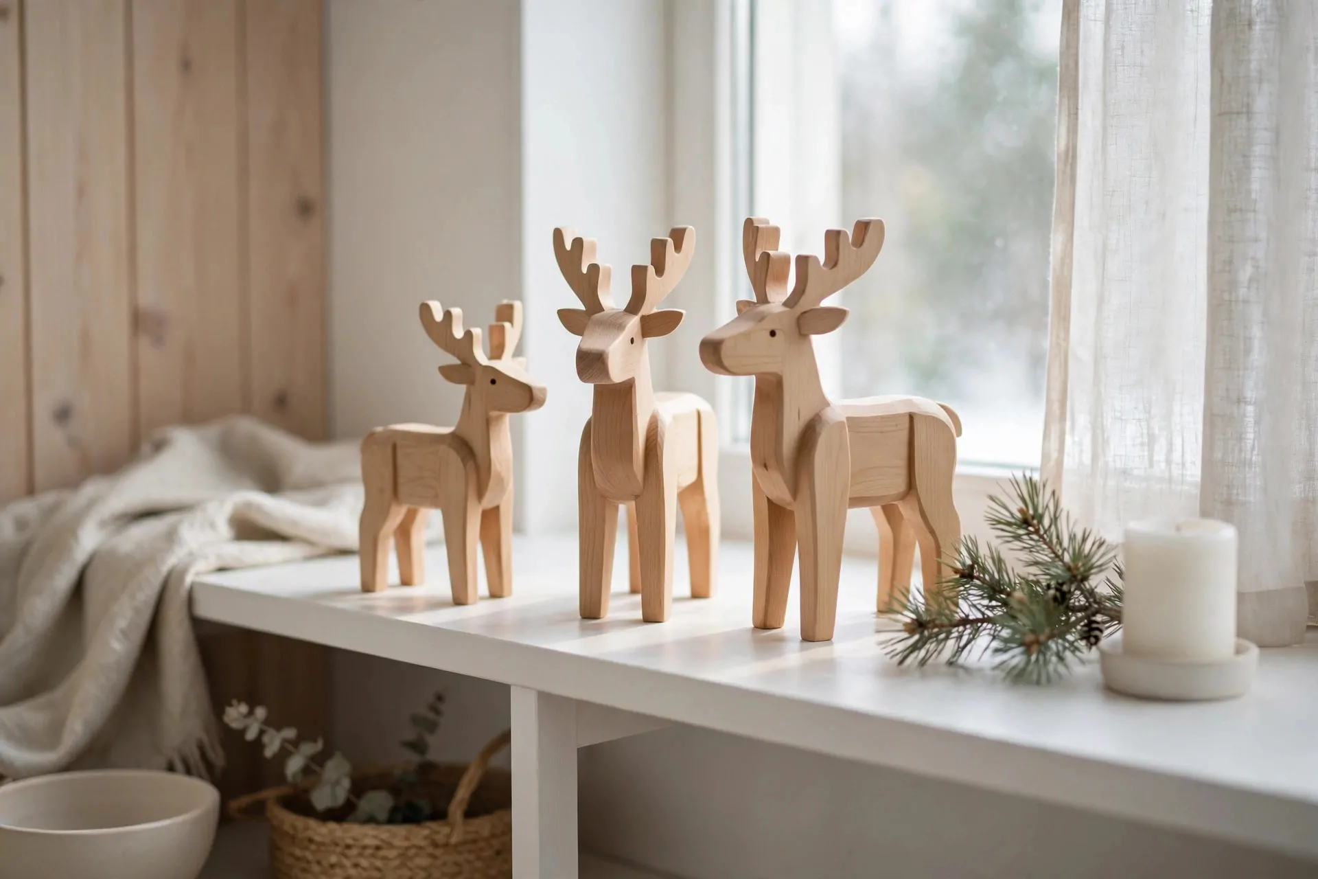 22 Scandinavian Christmas Decor Ideas (Cozy Nordic Style) 13 Simple carved wooden reindeer figures on a white open shelf with a pine sprig and candle
