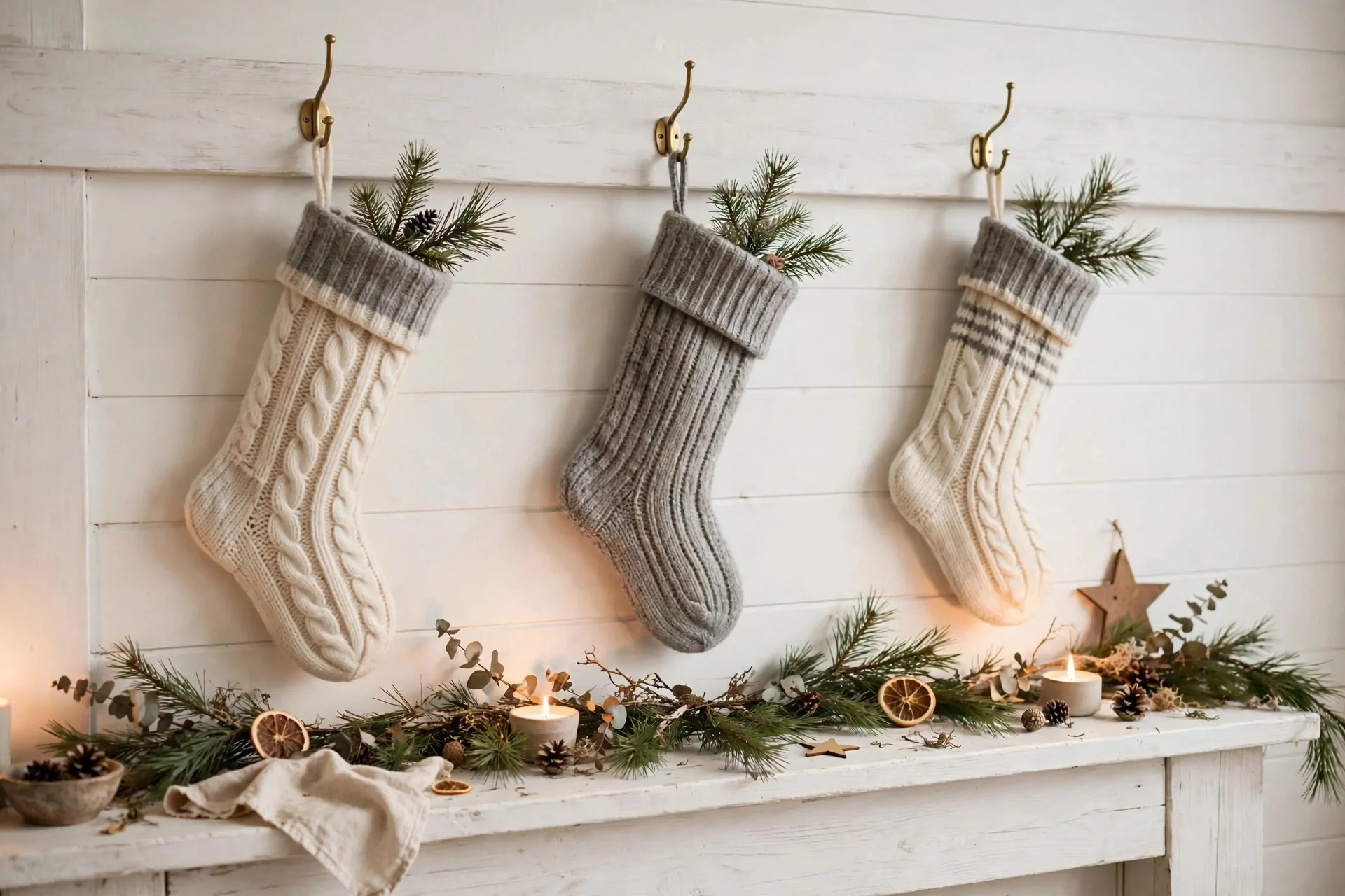 22 Scandinavian Christmas Decor Ideas (Cozy Nordic Style) 14 Cream and gray wool knit Christmas stockings with pine sprigs hanging on a white mantel