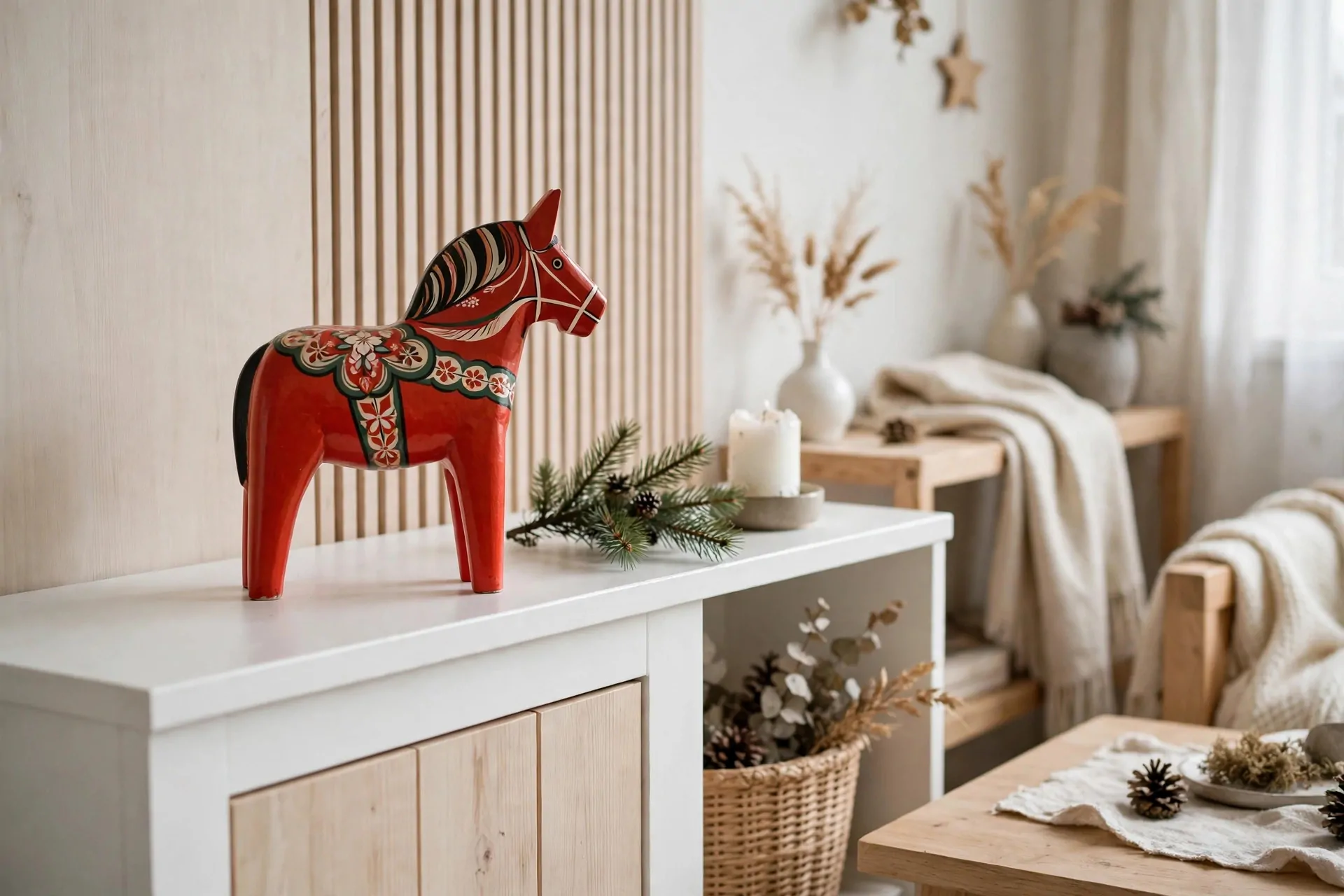 22 Scandinavian Christmas Decor Ideas (Cozy Nordic Style) 15 Traditional red painted Swedish Dala horse figurine on a white mantel with a pine branch and candle