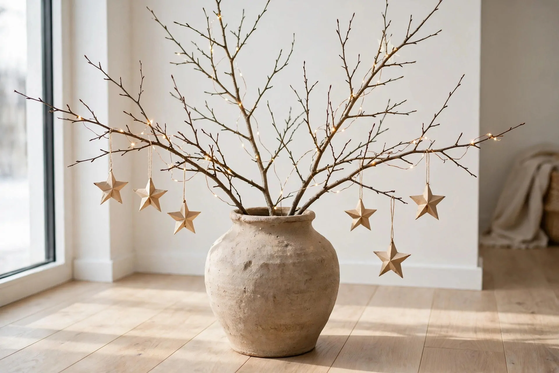 22 Scandinavian Christmas Decor Ideas (Cozy Nordic Style) 16 Bare winter branches in a ceramic vase with fairy lights and paper star ornaments as a minimalist Christmas tree
