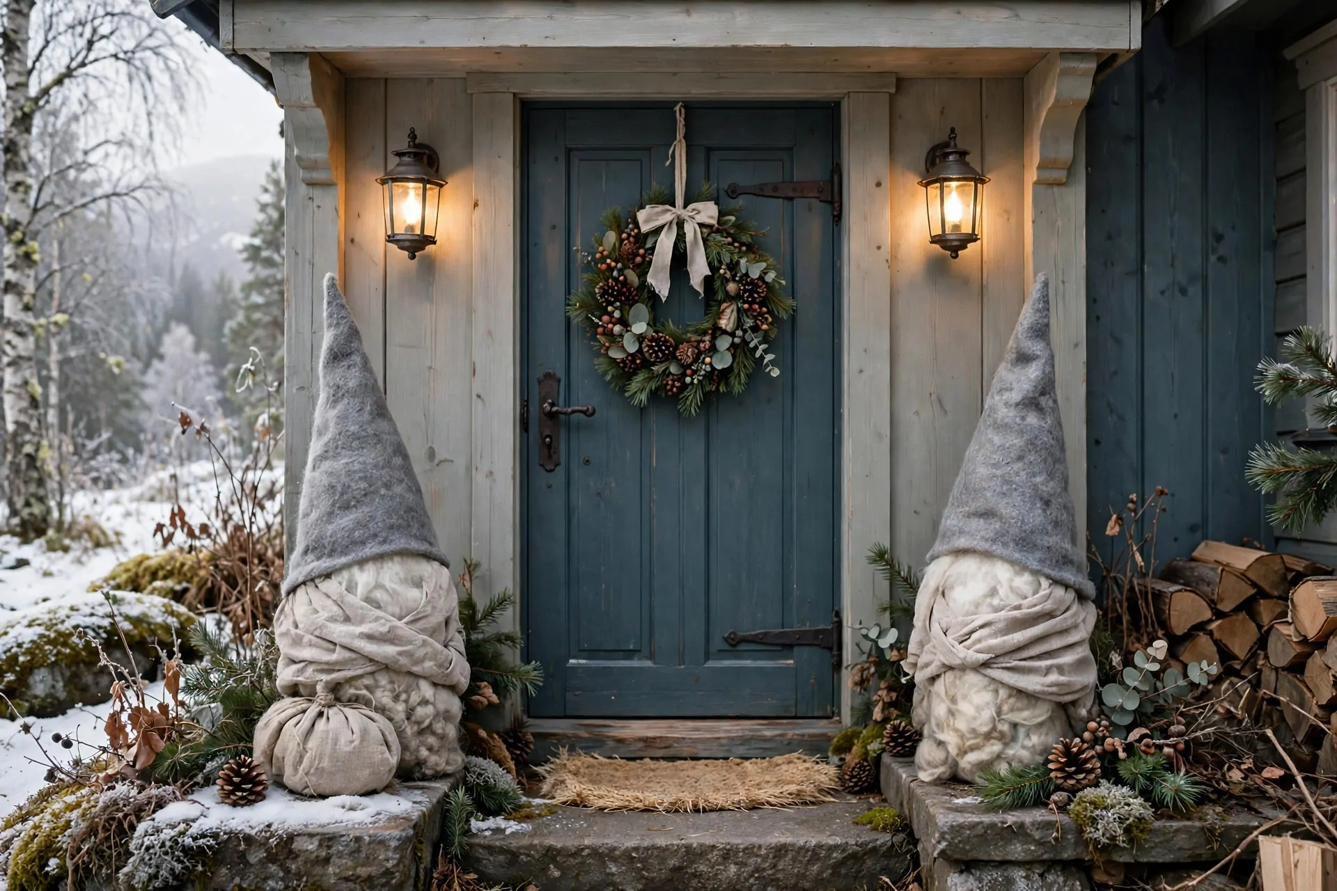 22 Scandinavian Christmas Decor Ideas (Cozy Nordic Style) 17 Two Scandinavian tomte Christmas gnomes in wool and linen flanking a front door with a pine wreath