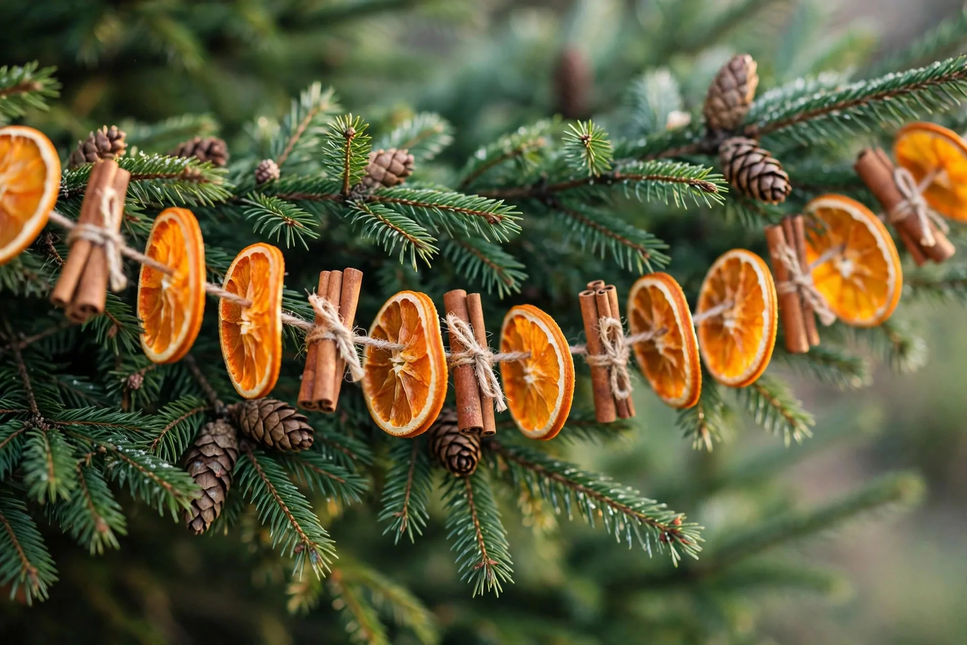 22 Scandinavian Christmas Decor Ideas (Cozy Nordic Style) 18 Garland of dried orange slices on twine with cinnamon bundles draped along pine branches