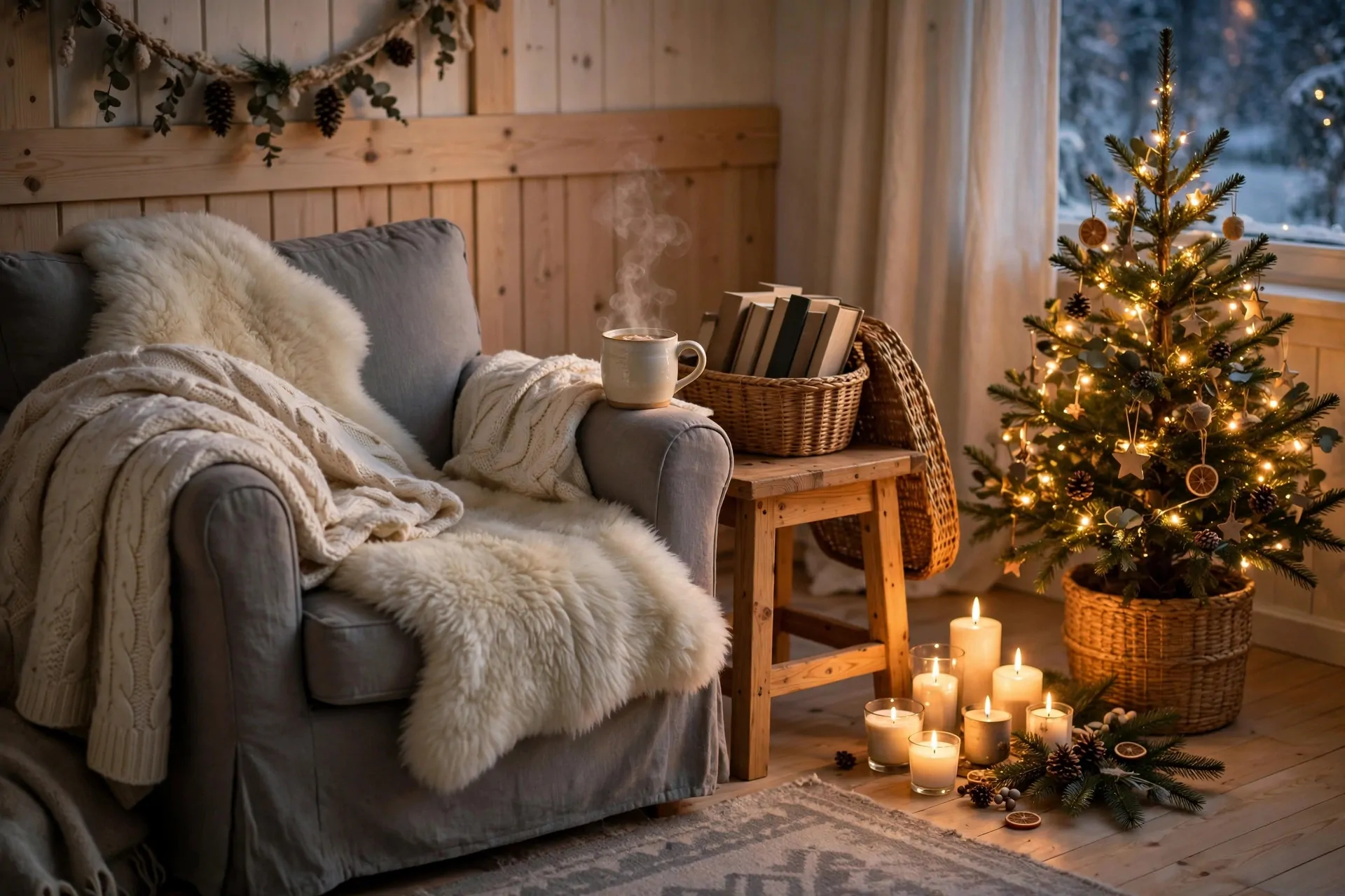 22 Scandinavian Christmas Decor Ideas (Cozy Nordic Style) 19 Cozy Scandinavian hygge reading corner with armchair, sheepskin, candles and a small lit Christmas tree