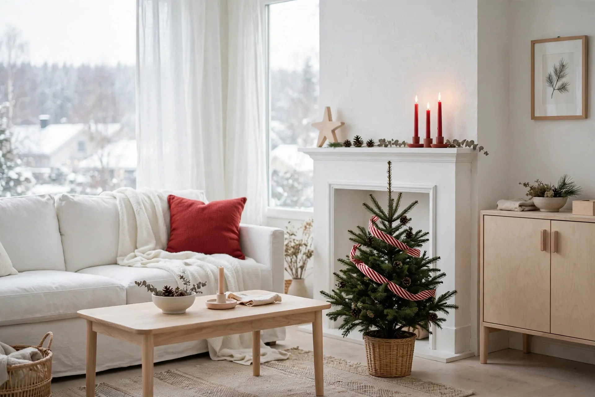 22 Scandinavian Christmas Decor Ideas (Cozy Nordic Style) 20 Scandinavian living room with restrained red and white Christmas accents on a white sofa and mantel