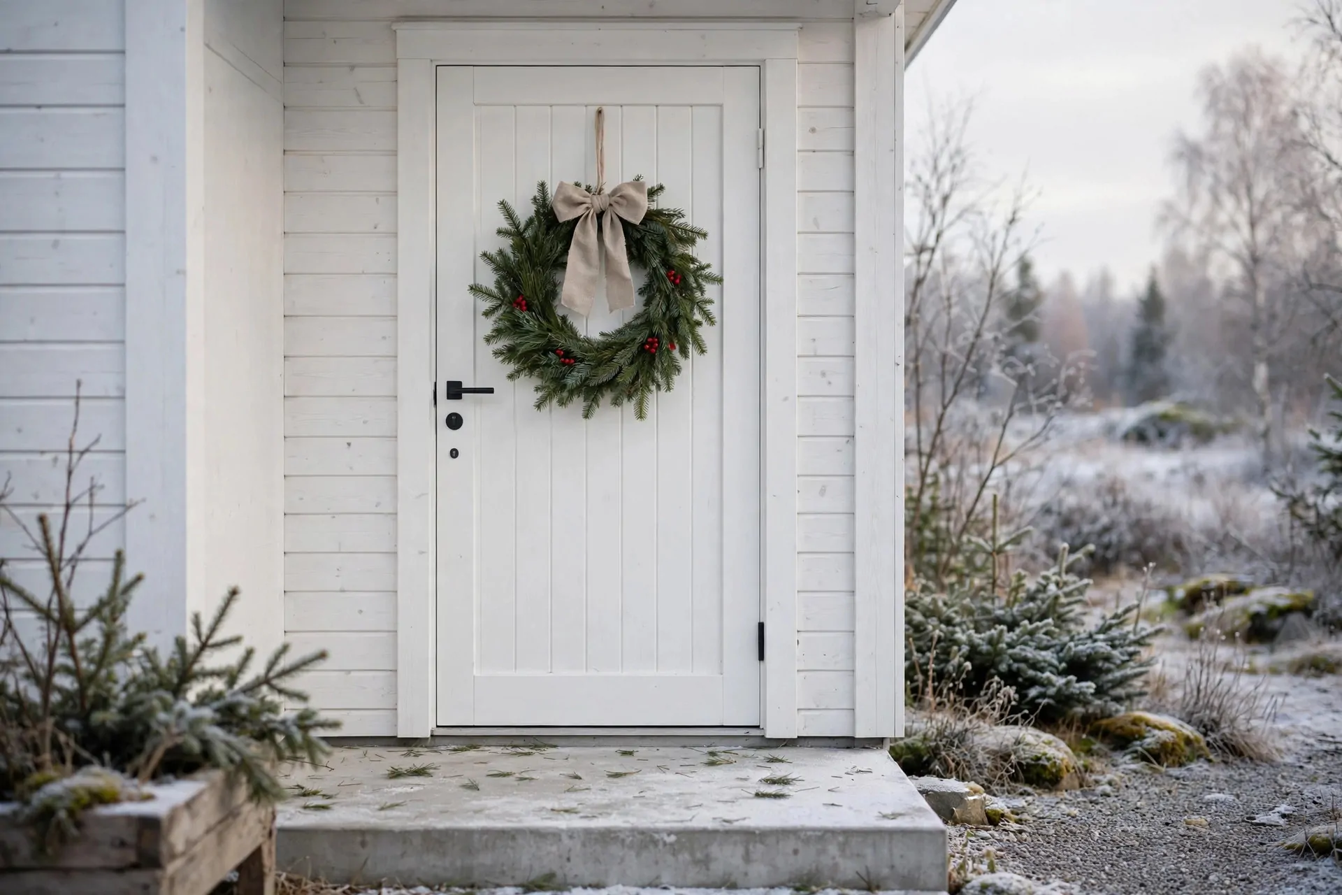 22 Scandinavian Christmas Decor Ideas (Cozy Nordic Style) 21 Simple Scandinavian wreath of pine and red berries with a linen bow on a white front door