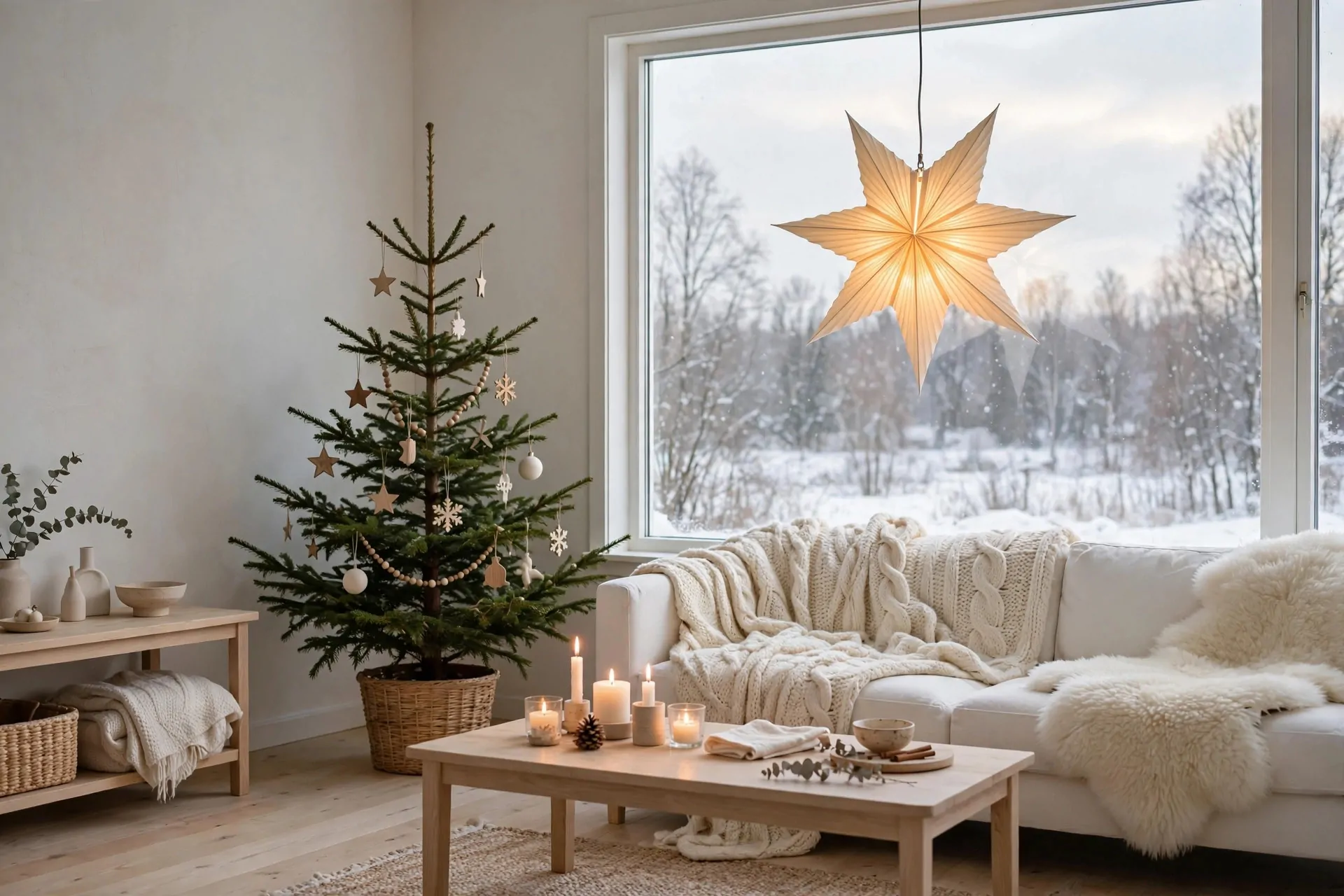 Cozy minimalist Scandinavian Christmas living room with a simple decorated tree, glowing paper star lantern in the window, and chunky knit throws on a light sofa