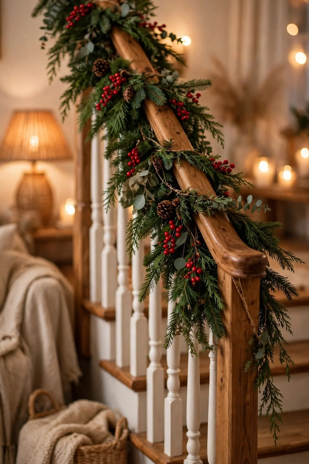 20 Christmas Staircase Decor Ideas (Garlands and Lights) 2 Evergreen garland with red berries draped along staircase banister