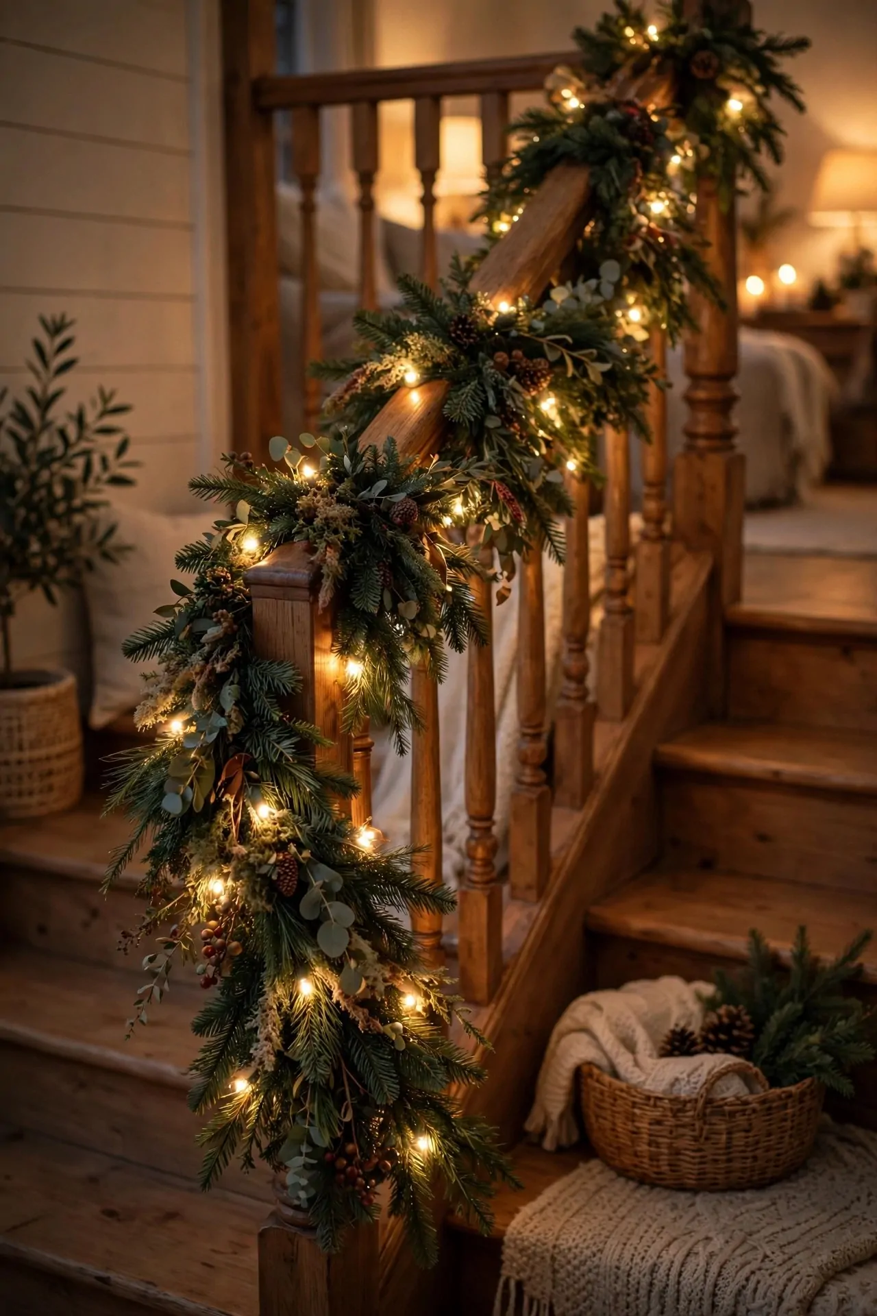 20 Christmas Staircase Decor Ideas (Garlands and Lights) 3 Warm-white fairy lights woven through Christmas garland on staircase banister