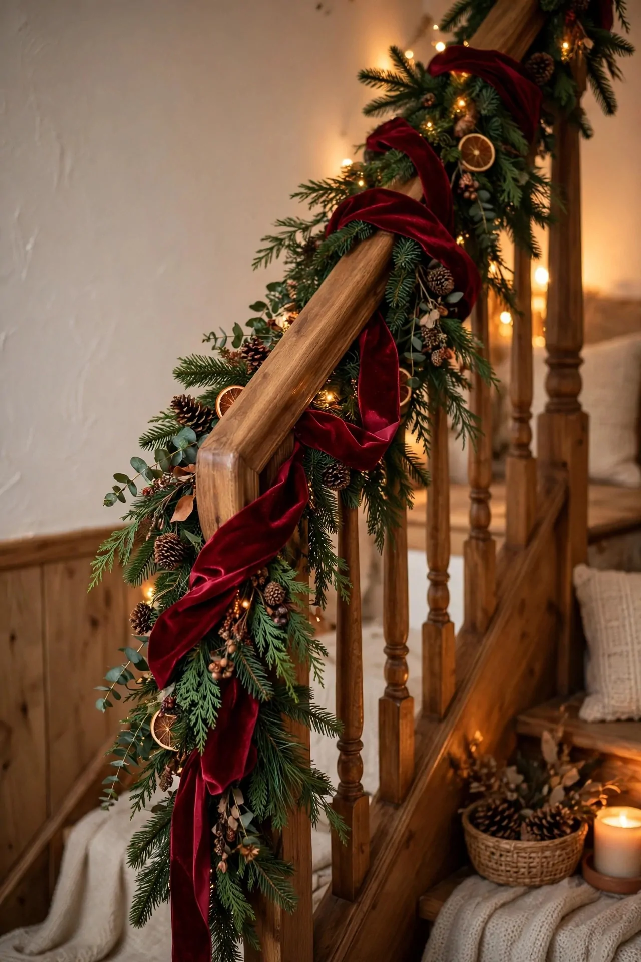 20 Christmas Staircase Decor Ideas (Garlands and Lights) 4 Red velvet ribbon woven through evergreen garland on staircase