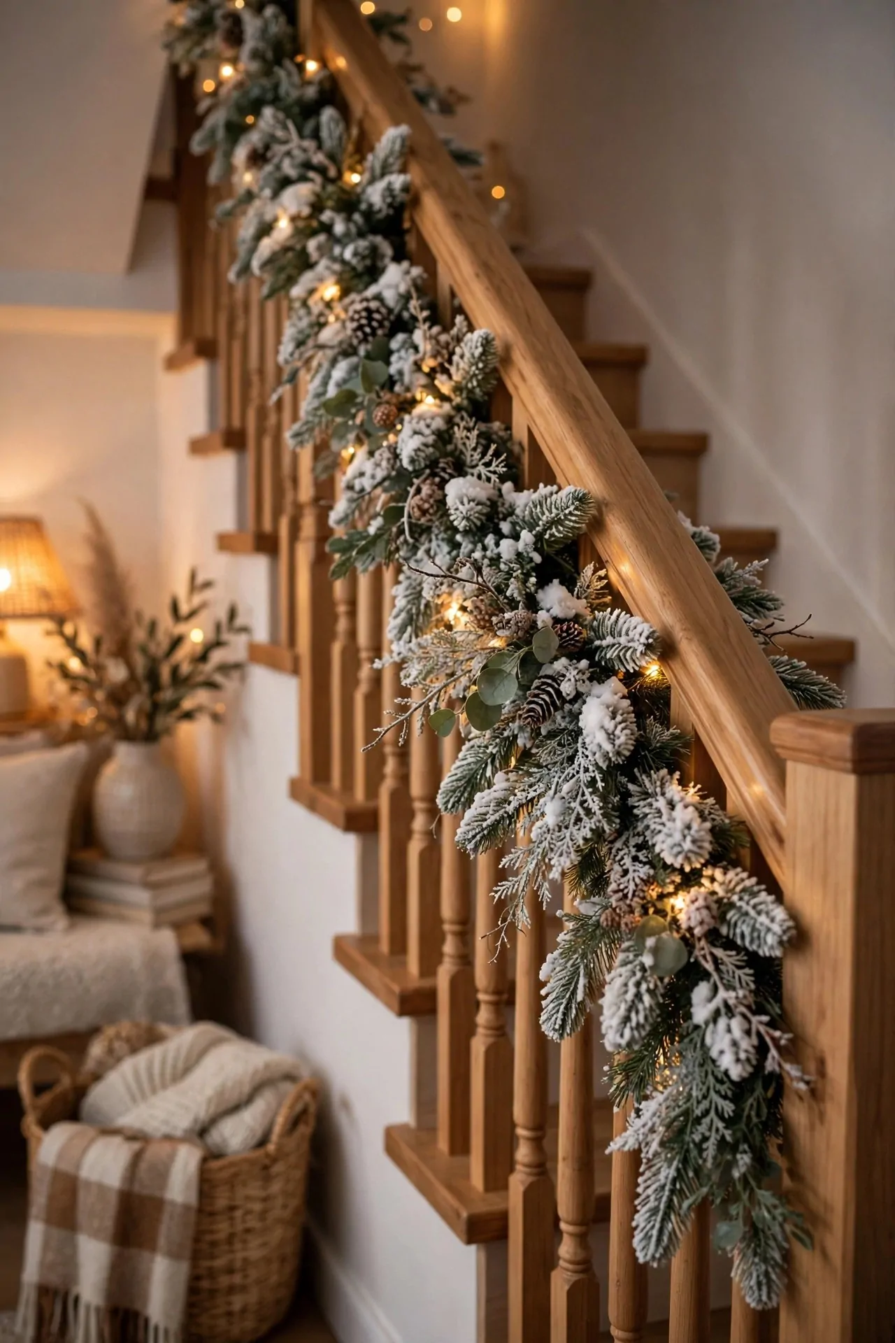 20 Christmas Staircase Decor Ideas (Garlands and Lights) 5 Flocked snowy garland draped over staircase banister