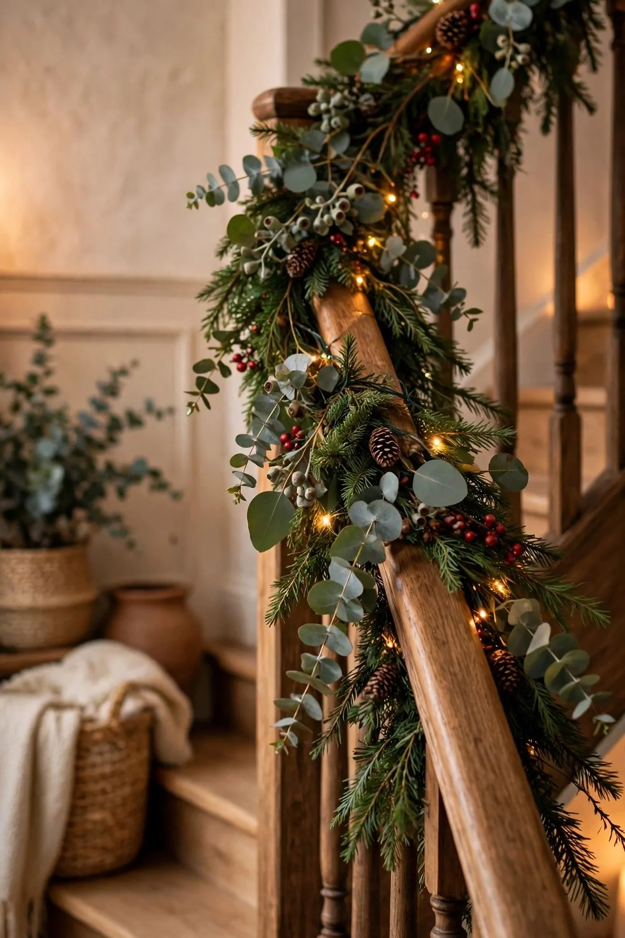 20 Christmas Staircase Decor Ideas (Garlands and Lights) 6 Eucalyptus and evergreen garland on staircase banister