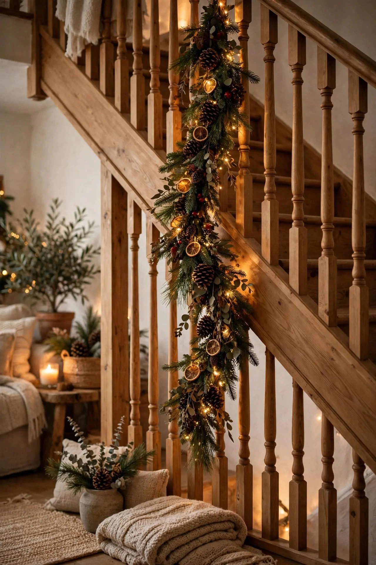 20 Christmas Staircase Decor Ideas (Garlands and Lights) 7 Pine cone garland hanging on staircase spindles