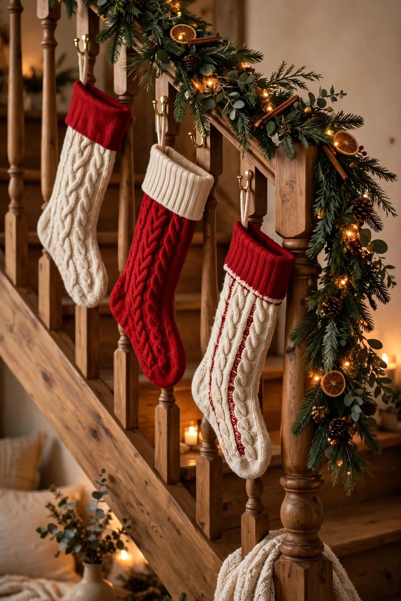 20 Christmas Staircase Decor Ideas (Garlands and Lights) 8 Christmas stockings hanging along decorated staircase banister