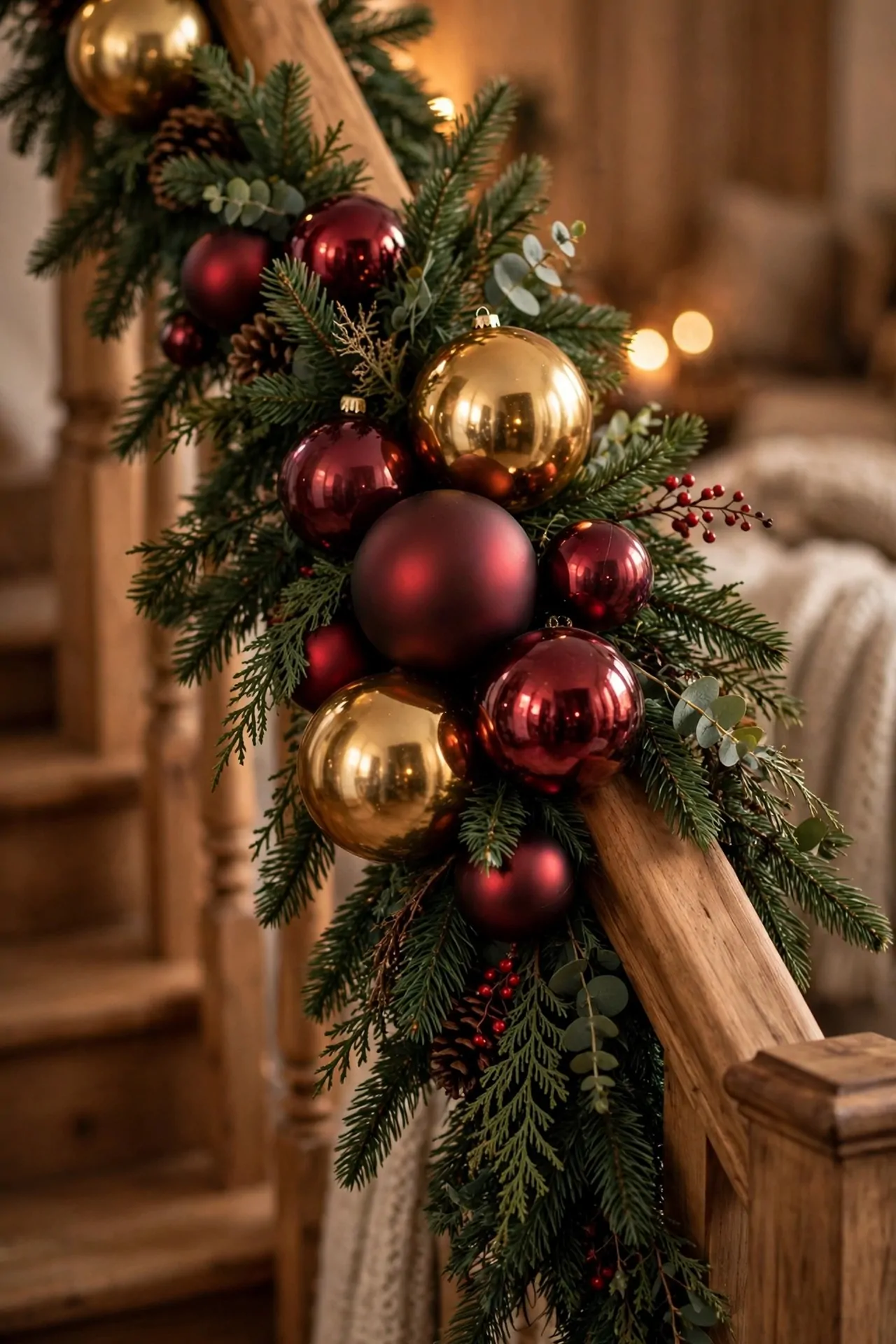 20 Christmas Staircase Decor Ideas (Garlands and Lights) 9 Gold and burgundy ornaments tucked into staircase garland