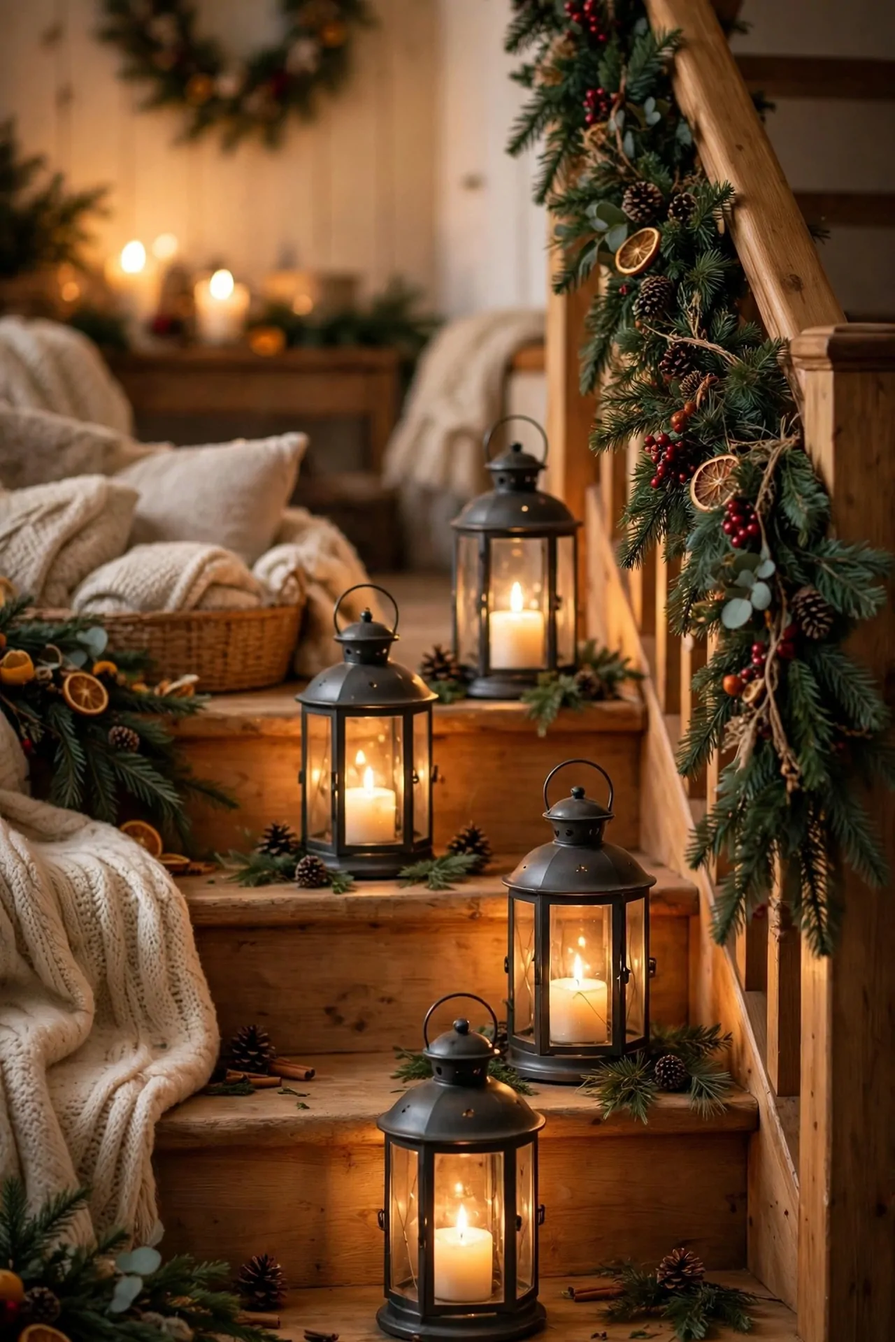 20 Christmas Staircase Decor Ideas (Garlands and Lights) 10 Christmas lanterns with candles on staircase steps