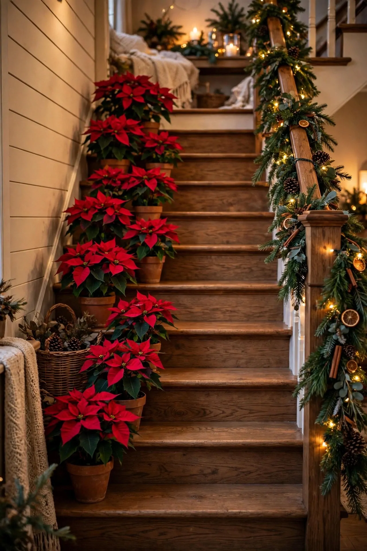 20 Christmas Staircase Decor Ideas (Garlands and Lights) 11 Red poinsettias lining staircase steps at Christmas
