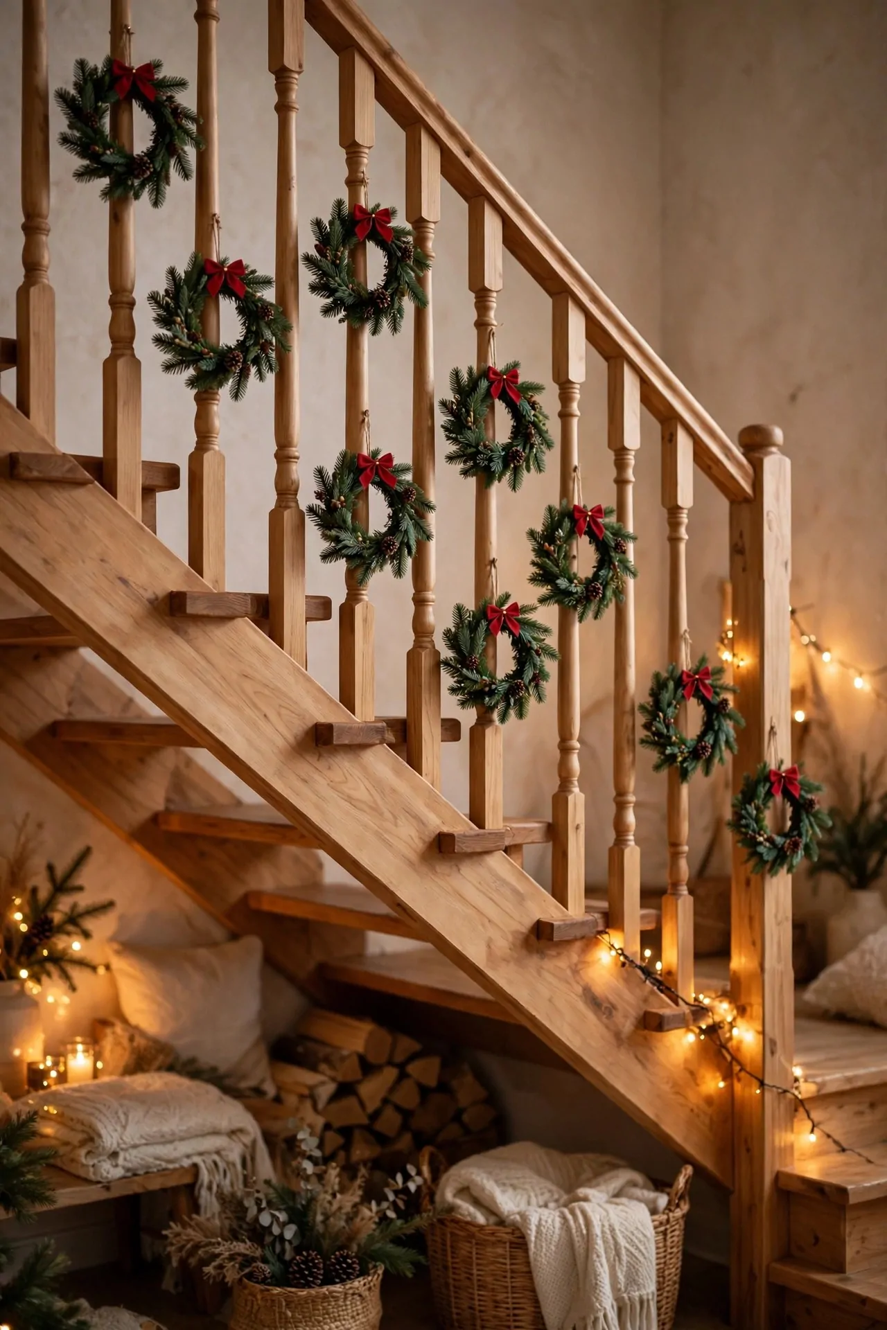 20 Christmas Staircase Decor Ideas (Garlands and Lights) 12 Small wreaths hanging from staircase spindles