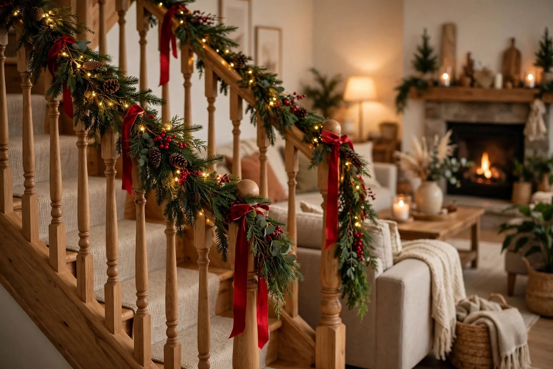 Christmas staircase decorated with evergreen garland, warm-white lights and red ribbon on wooden banister