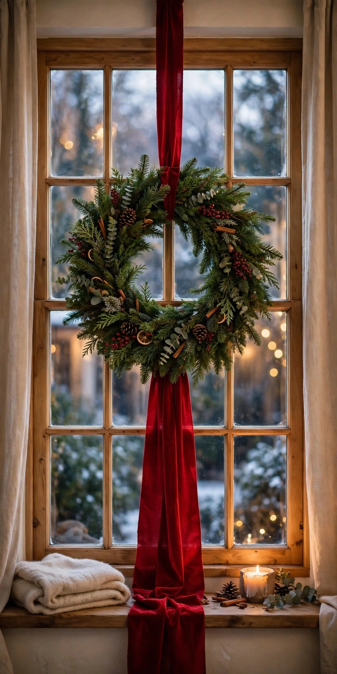 21 Christmas Window Decor Ideas for a Warm Glow Inside and Out 2 Evergreen wreath with red velvet ribbon centred on a Christmas window