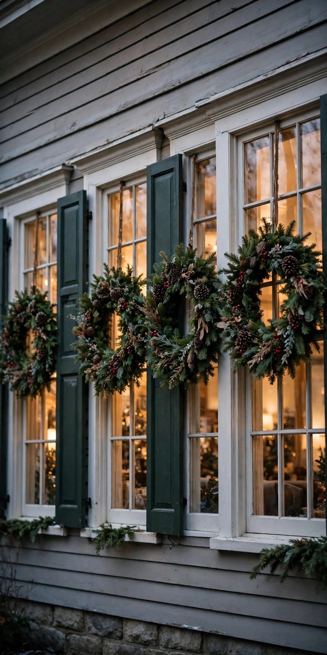 21 Christmas Window Decor Ideas for a Warm Glow Inside and Out 3 Row of matching evergreen wreaths on house windows