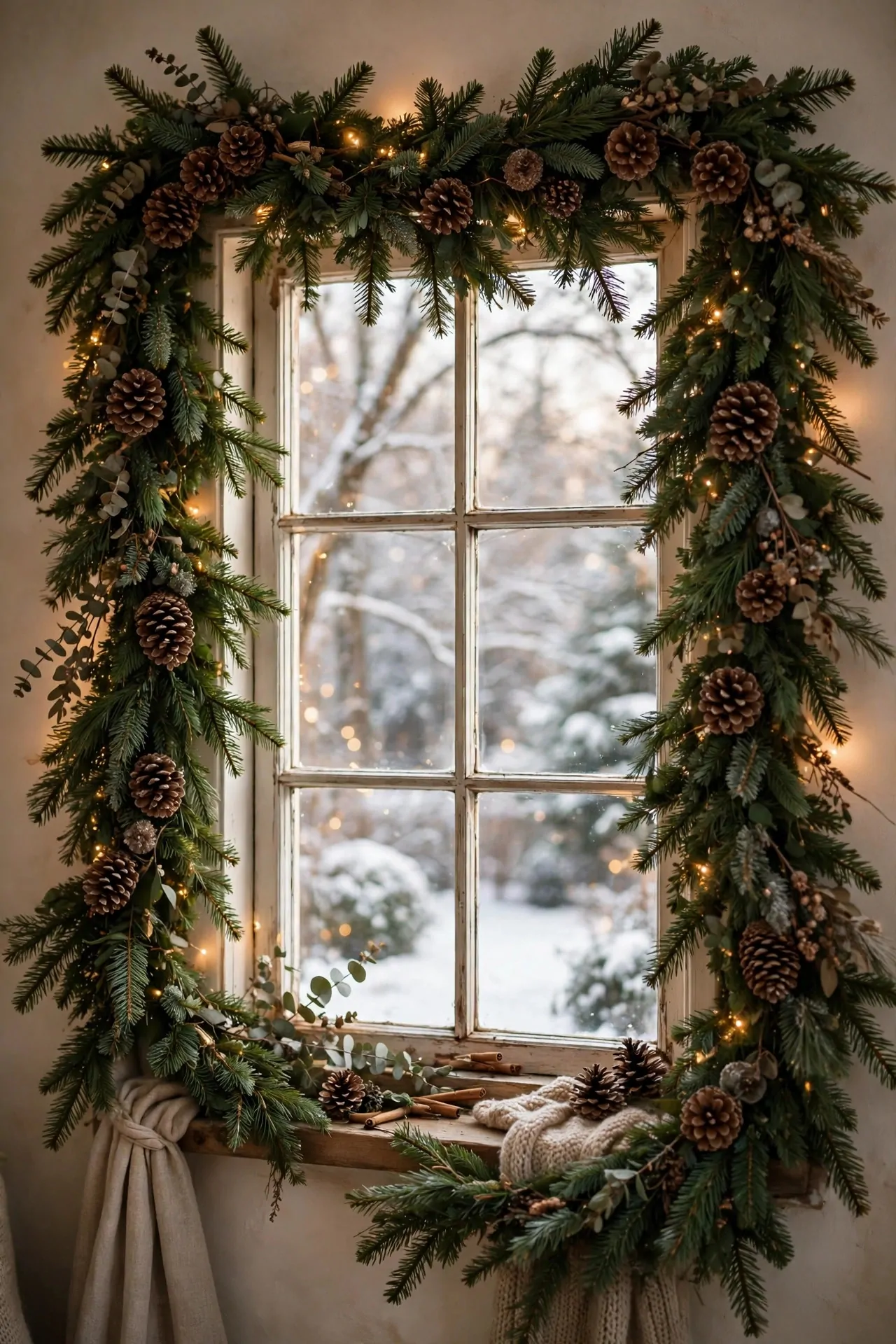 21 Christmas Window Decor Ideas for a Warm Glow Inside and Out 4 Evergreen garland with pinecones framing a window