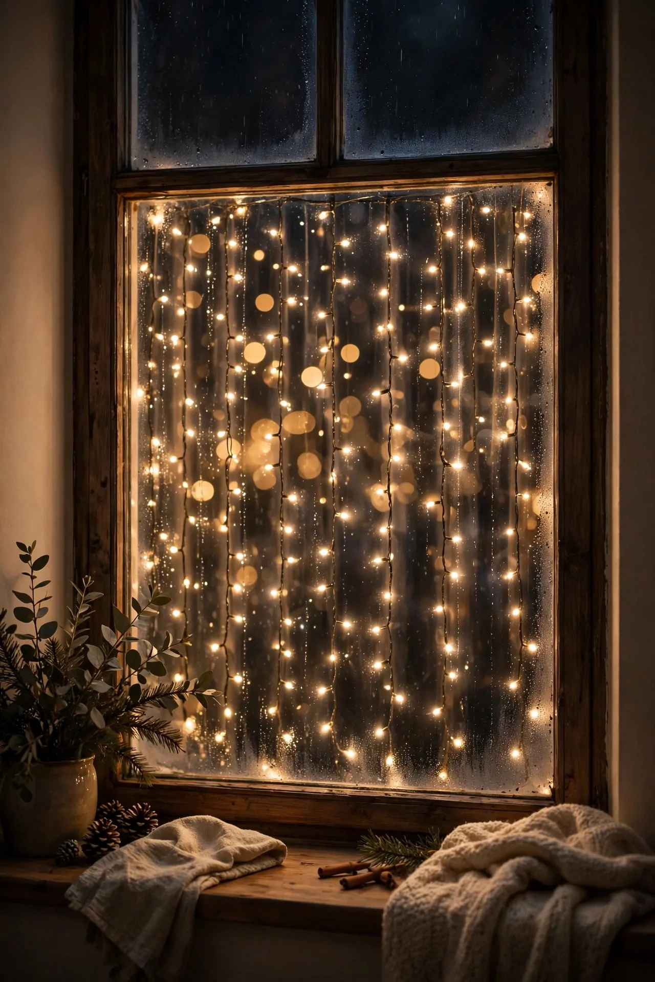21 Christmas Window Decor Ideas for a Warm Glow Inside and Out 5 Curtain of warm-white fairy lights glowing behind a window at night
