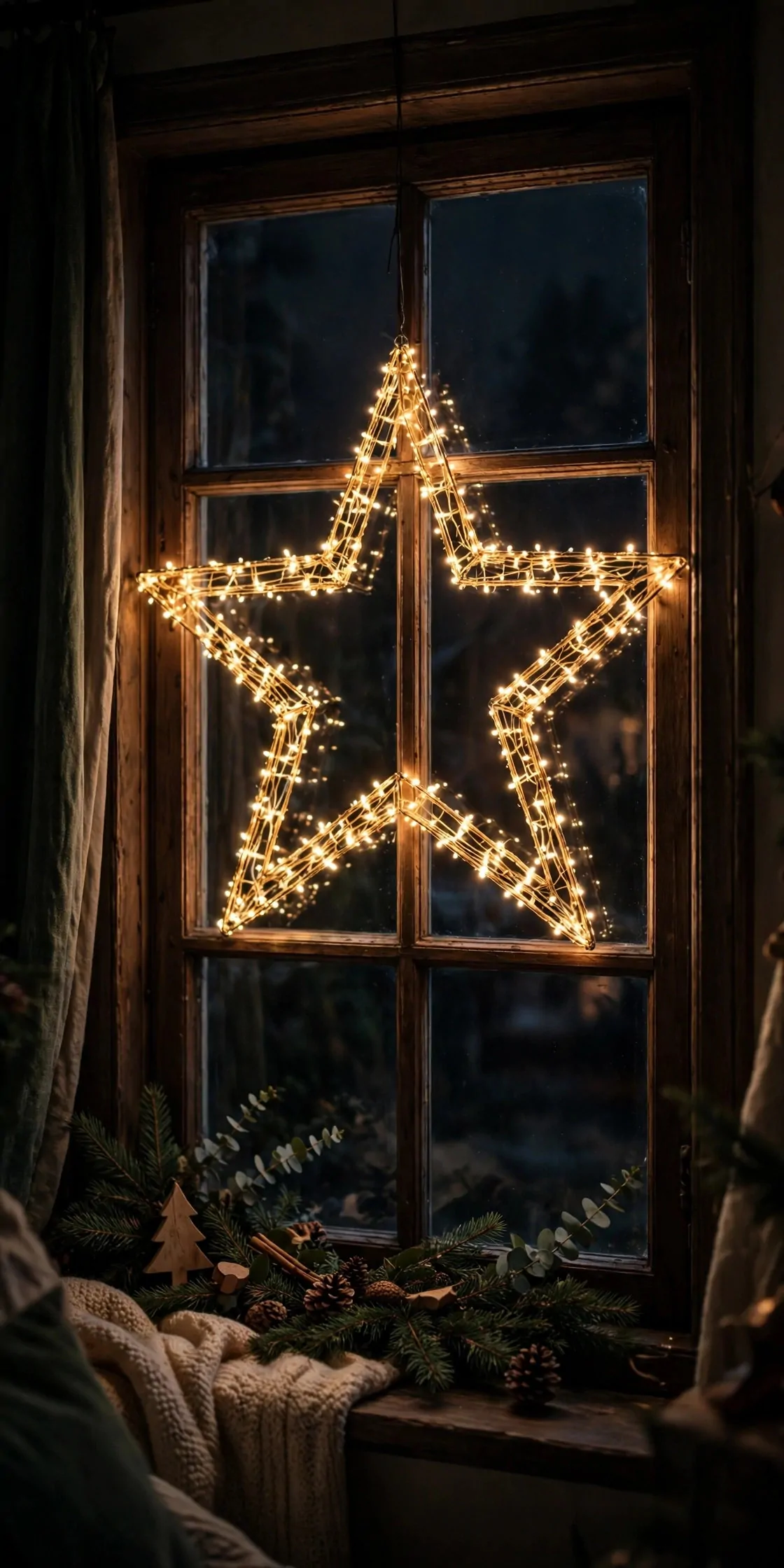 21 Christmas Window Decor Ideas for a Warm Glow Inside and Out 6 Large star outline made of warm lights in a dark window