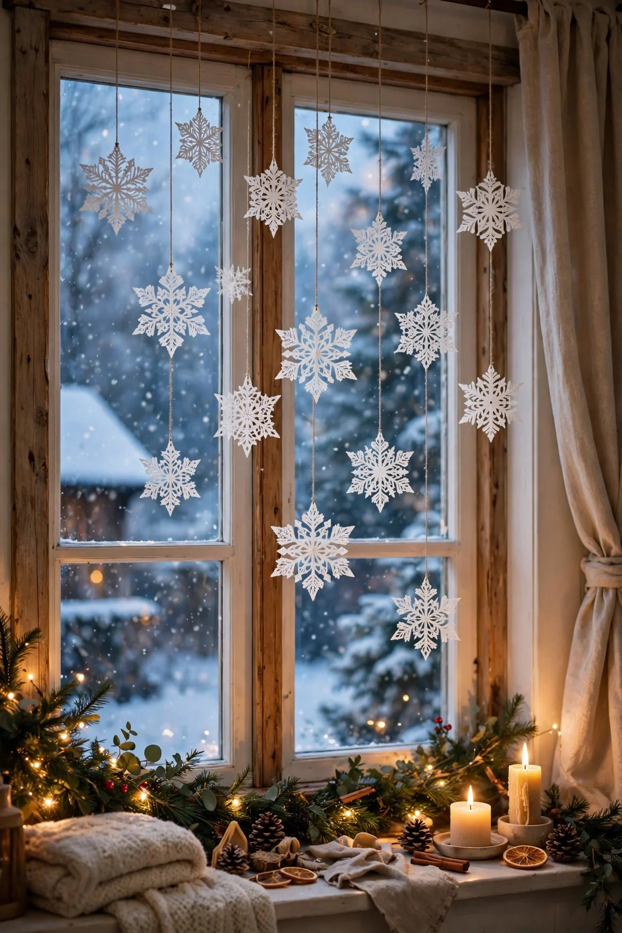 21 Christmas Window Decor Ideas for a Warm Glow Inside and Out 7 White paper snowflakes hanging at different heights in a window