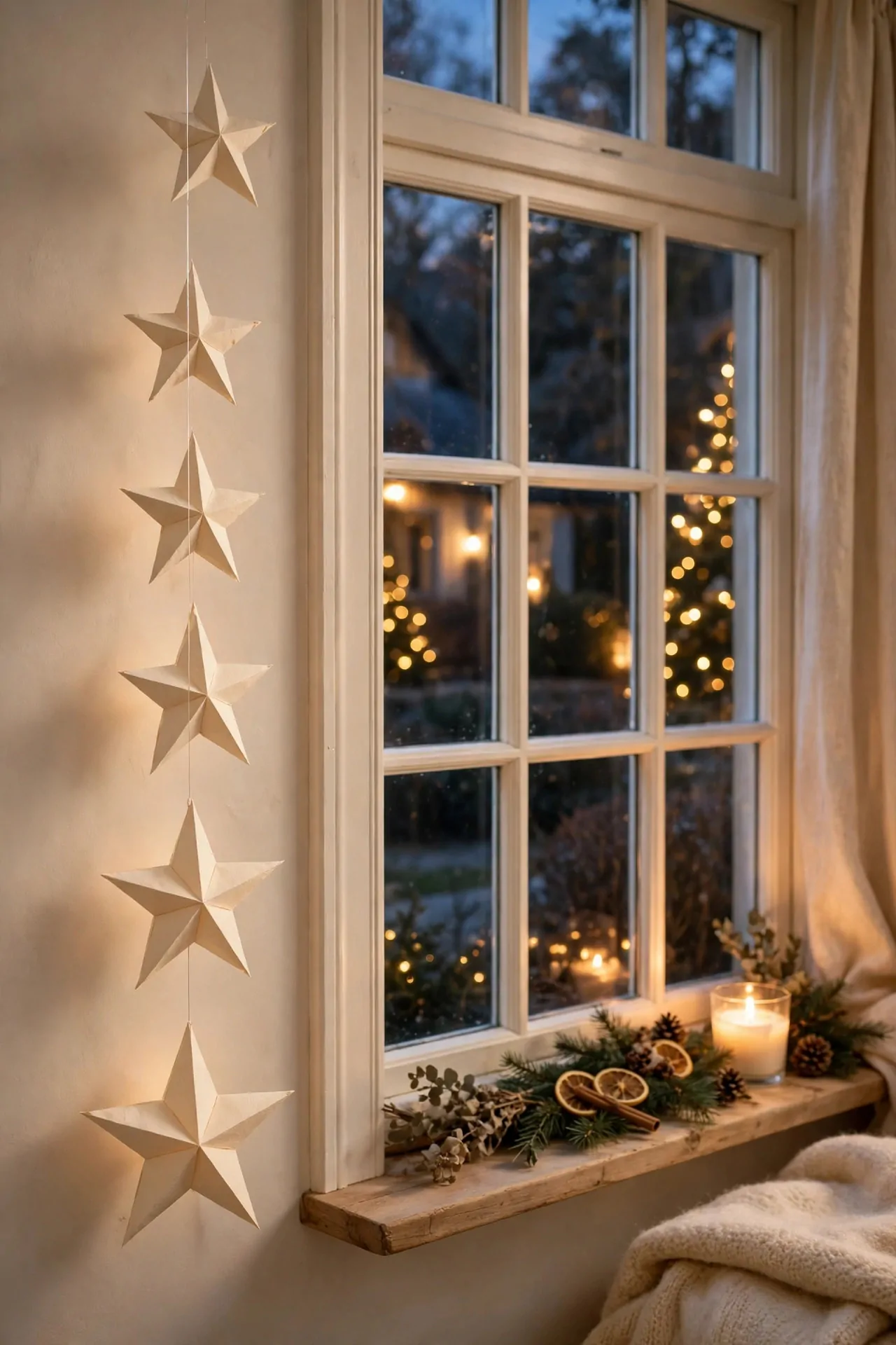 21 Christmas Window Decor Ideas for a Warm Glow Inside and Out 8 Cream paper stars hanging on clear line to one side of a window