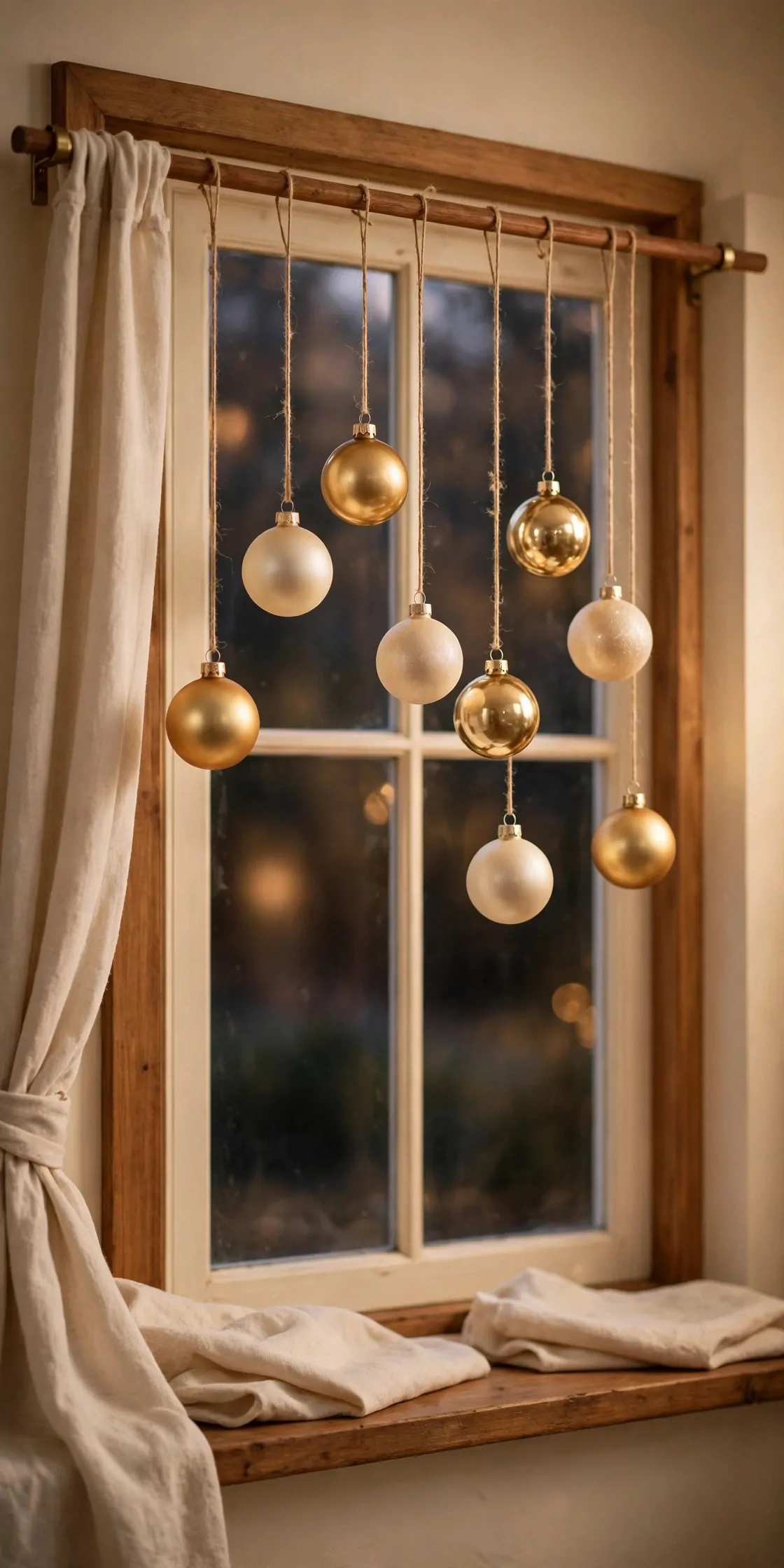 21 Christmas Window Decor Ideas for a Warm Glow Inside and Out 9 Gold and cream baubles hanging at staggered heights across a window