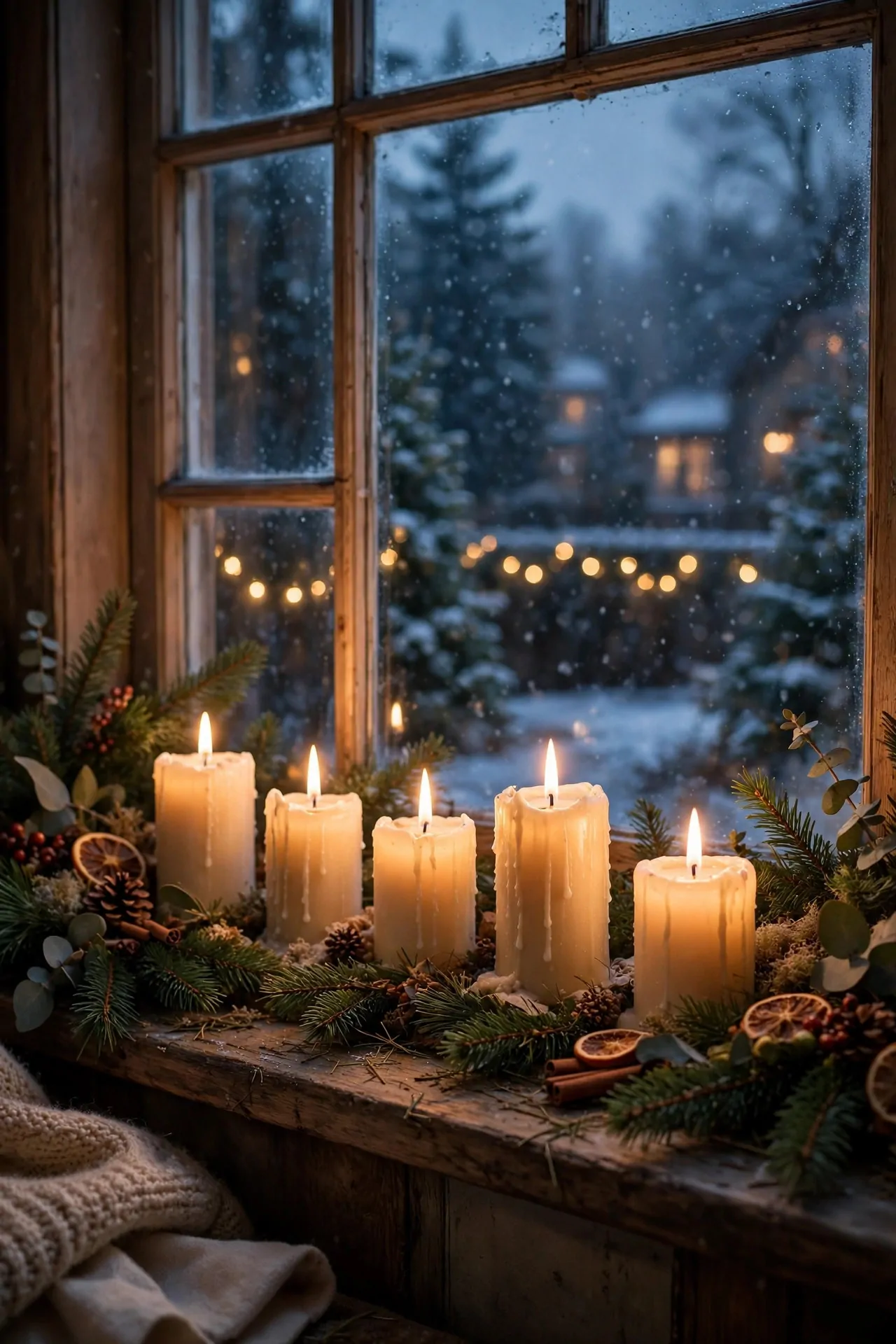 21 Christmas Window Decor Ideas for a Warm Glow Inside and Out 10 Row of glowing candles on a windowsill at dusk