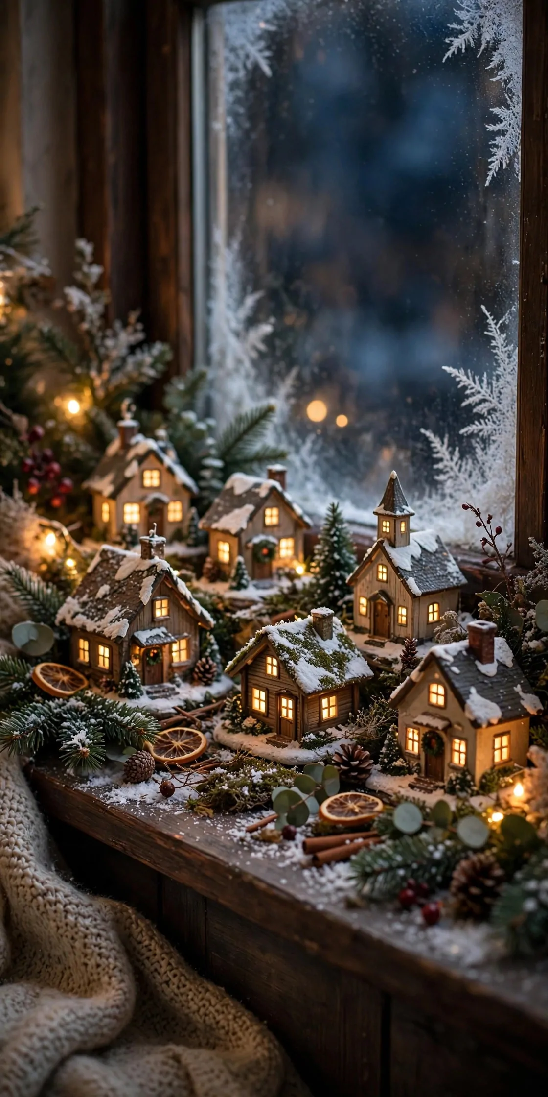21 Christmas Window Decor Ideas for a Warm Glow Inside and Out 11 Miniature Christmas village with tiny lit houses on a deep windowsill