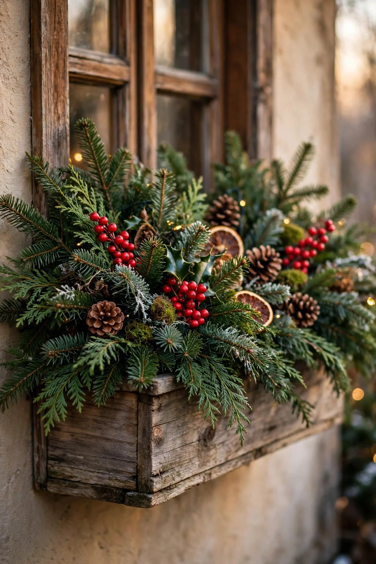 21 Christmas Window Decor Ideas for a Warm Glow Inside and Out 12 Outdoor window box filled with evergreen boughs, red berries and pinecones
