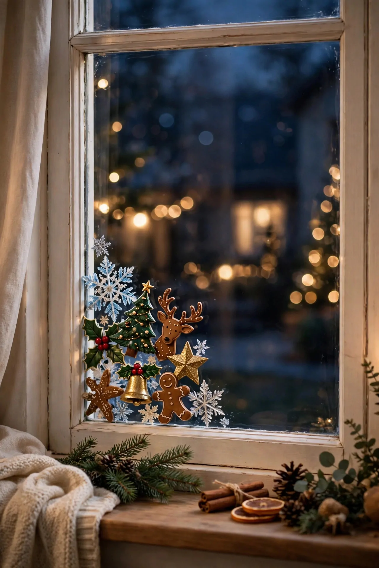 21 Christmas Window Decor Ideas for a Warm Glow Inside and Out 14 Festive window clings clustered in one corner of a window