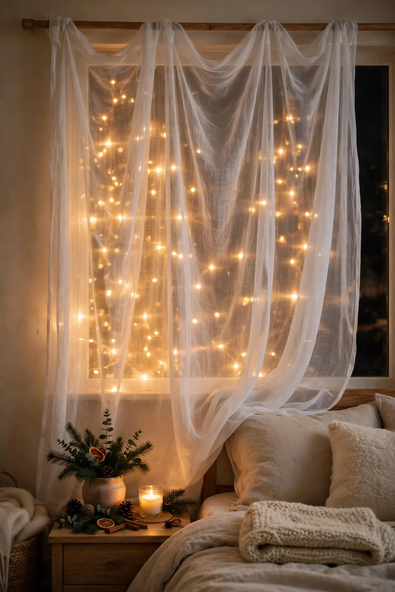 21 Christmas Window Decor Ideas for a Warm Glow Inside and Out 15 Sheer white curtain with fairy lights glowing behind it