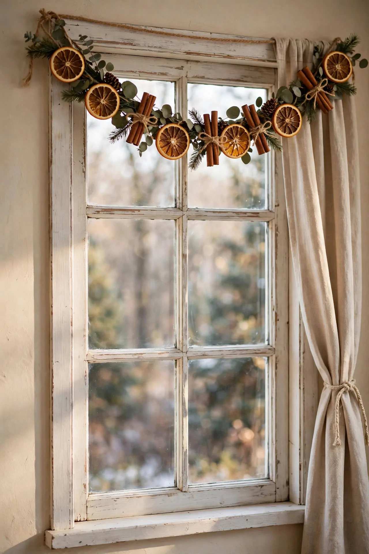 21 Christmas Window Decor Ideas for a Warm Glow Inside and Out 16 Dried orange slice and cinnamon garland across the top of a window