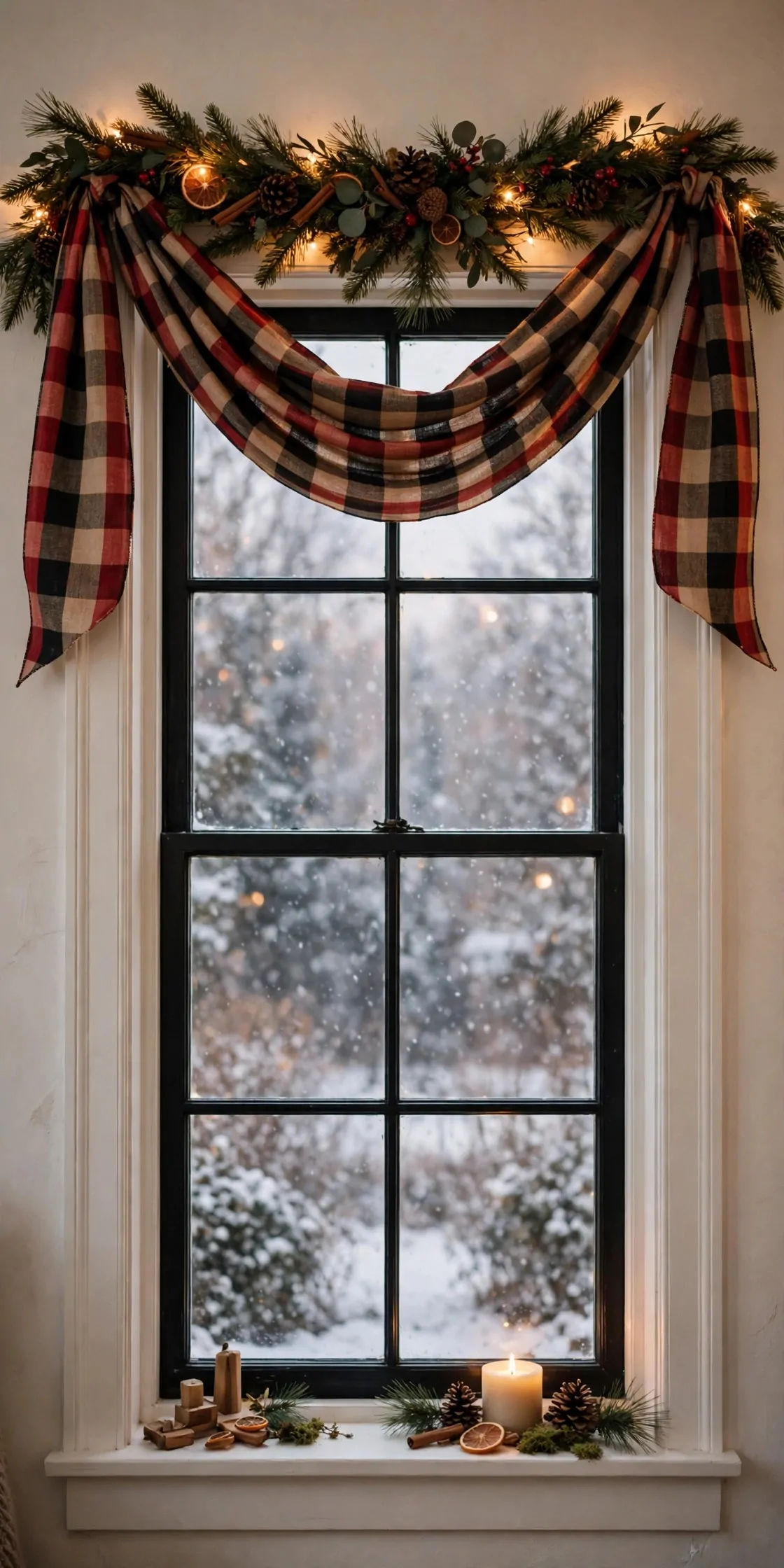 21 Christmas Window Decor Ideas for a Warm Glow Inside and Out 17 Wide plaid ribbon swagged across the top of a window