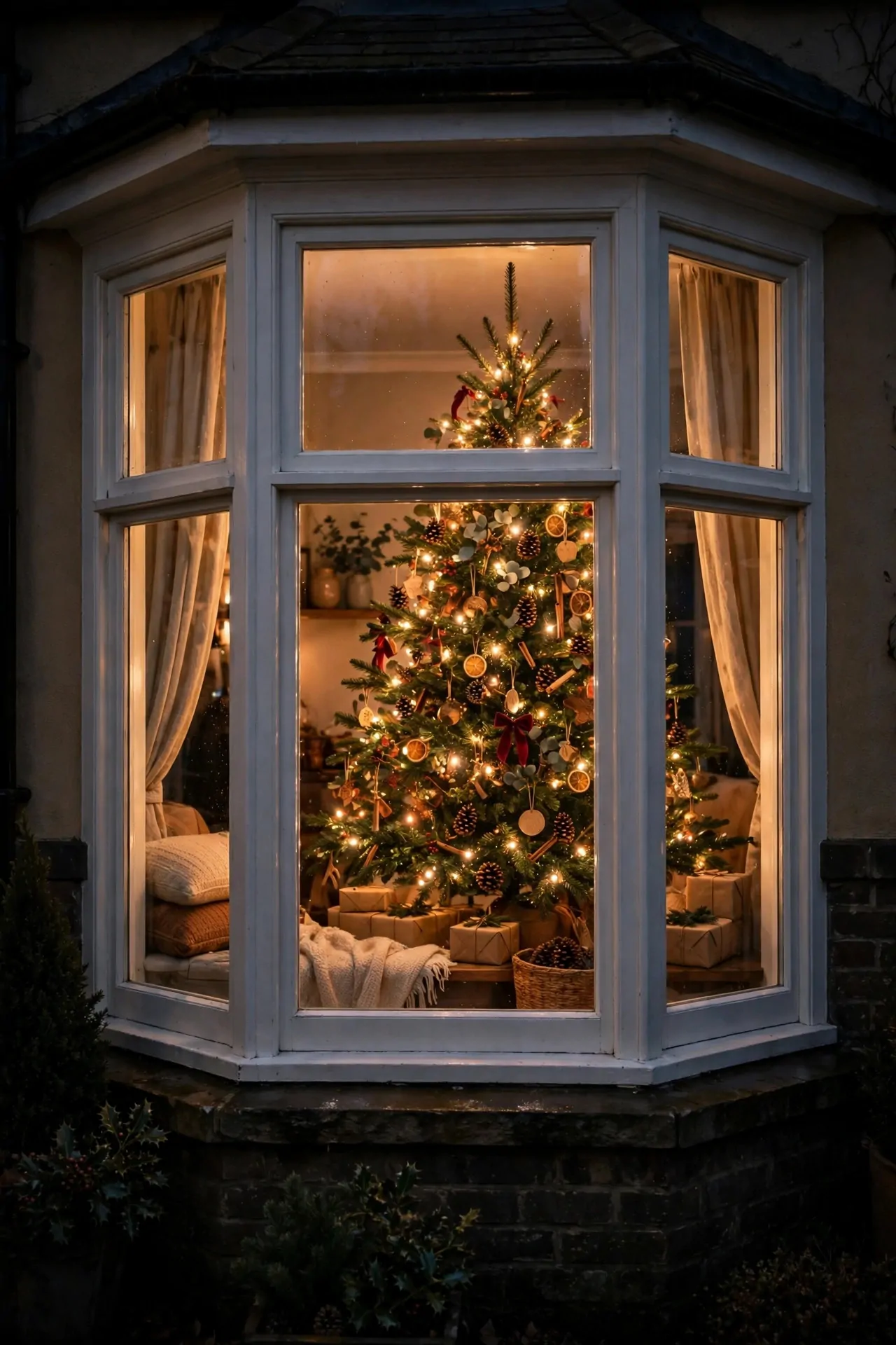 21 Christmas Window Decor Ideas for a Warm Glow Inside and Out 18 Christmas tree in a bay window glowing at night