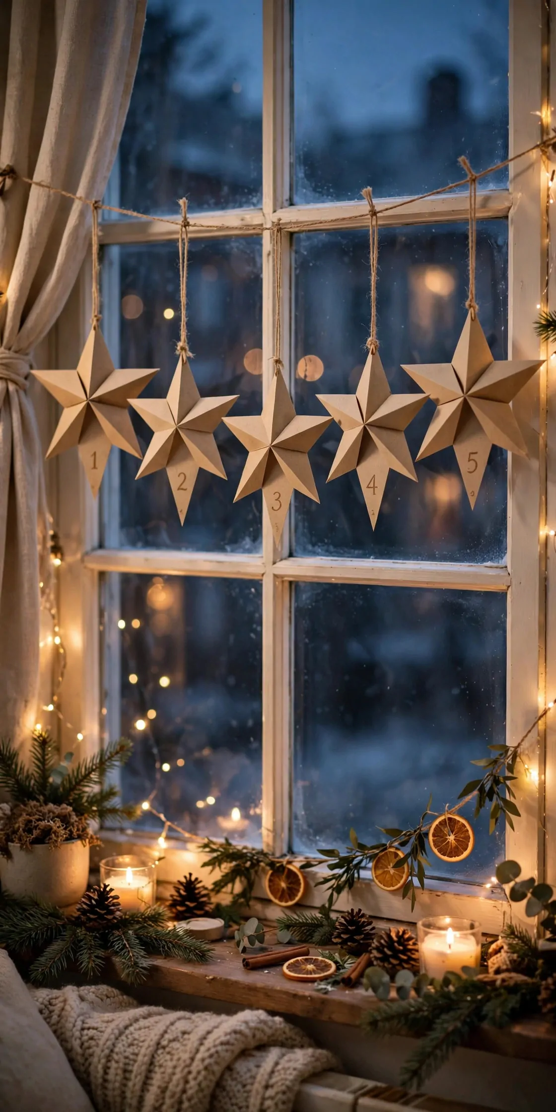 21 Christmas Window Decor Ideas for a Warm Glow Inside and Out 19 Numbered paper stars hanging in a row across a window