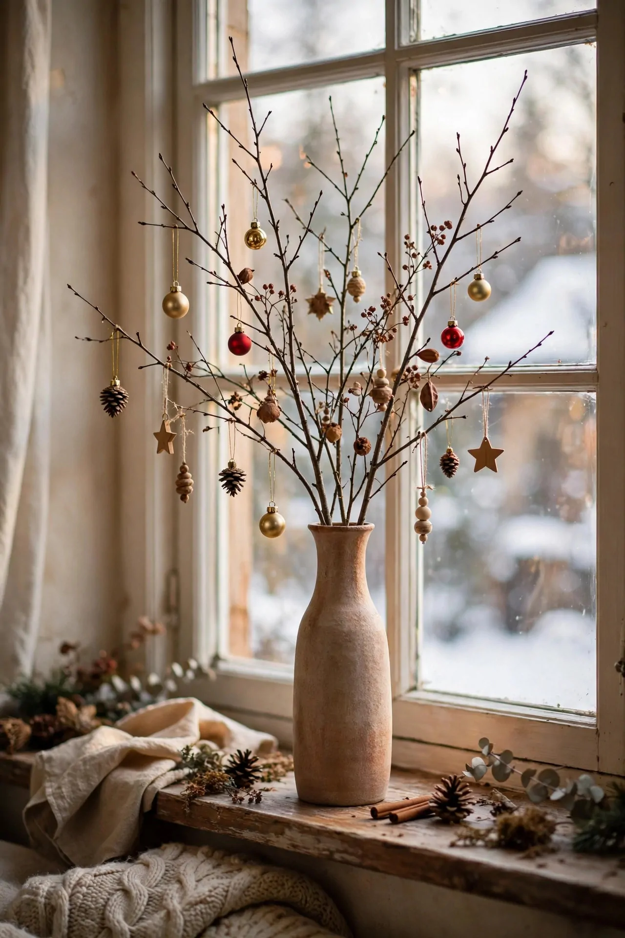 21 Christmas Window Decor Ideas for a Warm Glow Inside and Out 20 Tall vase of bare winter branches with small ornaments on a windowsill